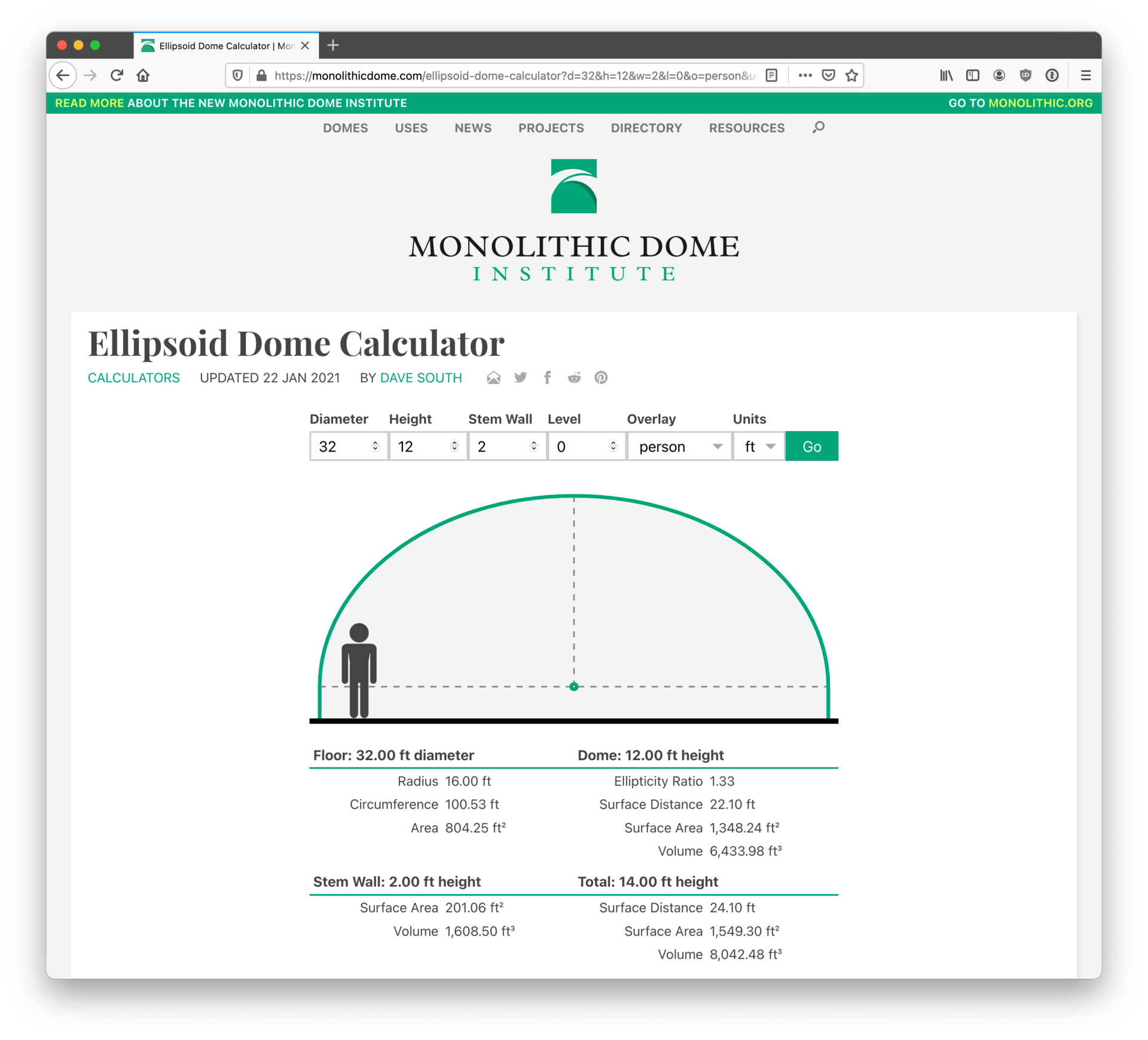 Screenshot of finished ellipsoid dome calculator.