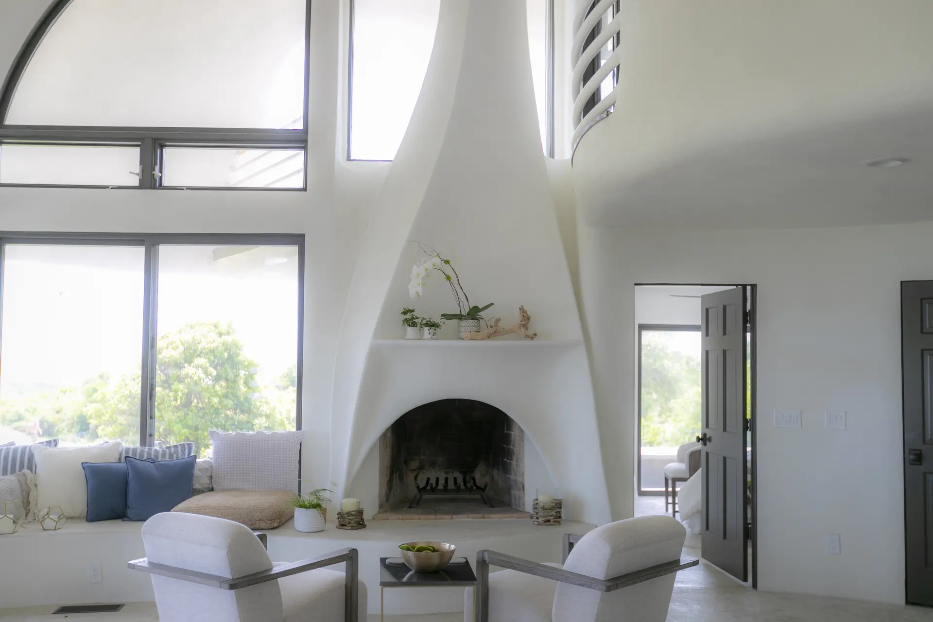 Sculpted fireplace.