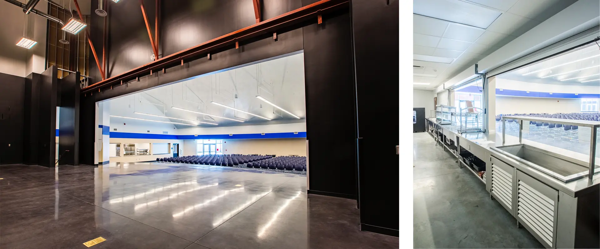 Stage and cafeteria serving area.