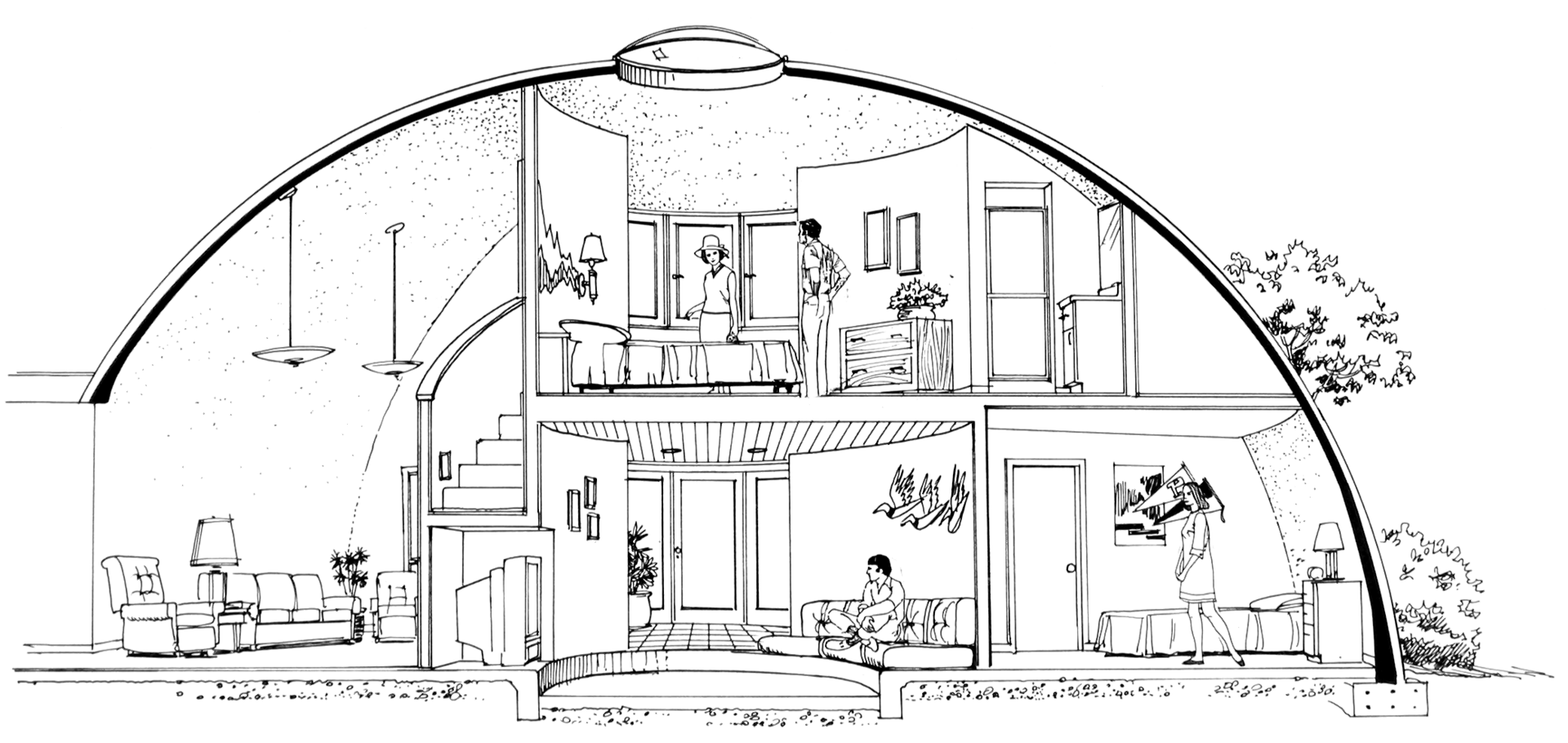 Artist's concept sketch of interior of a large Monolithic Dome home.
