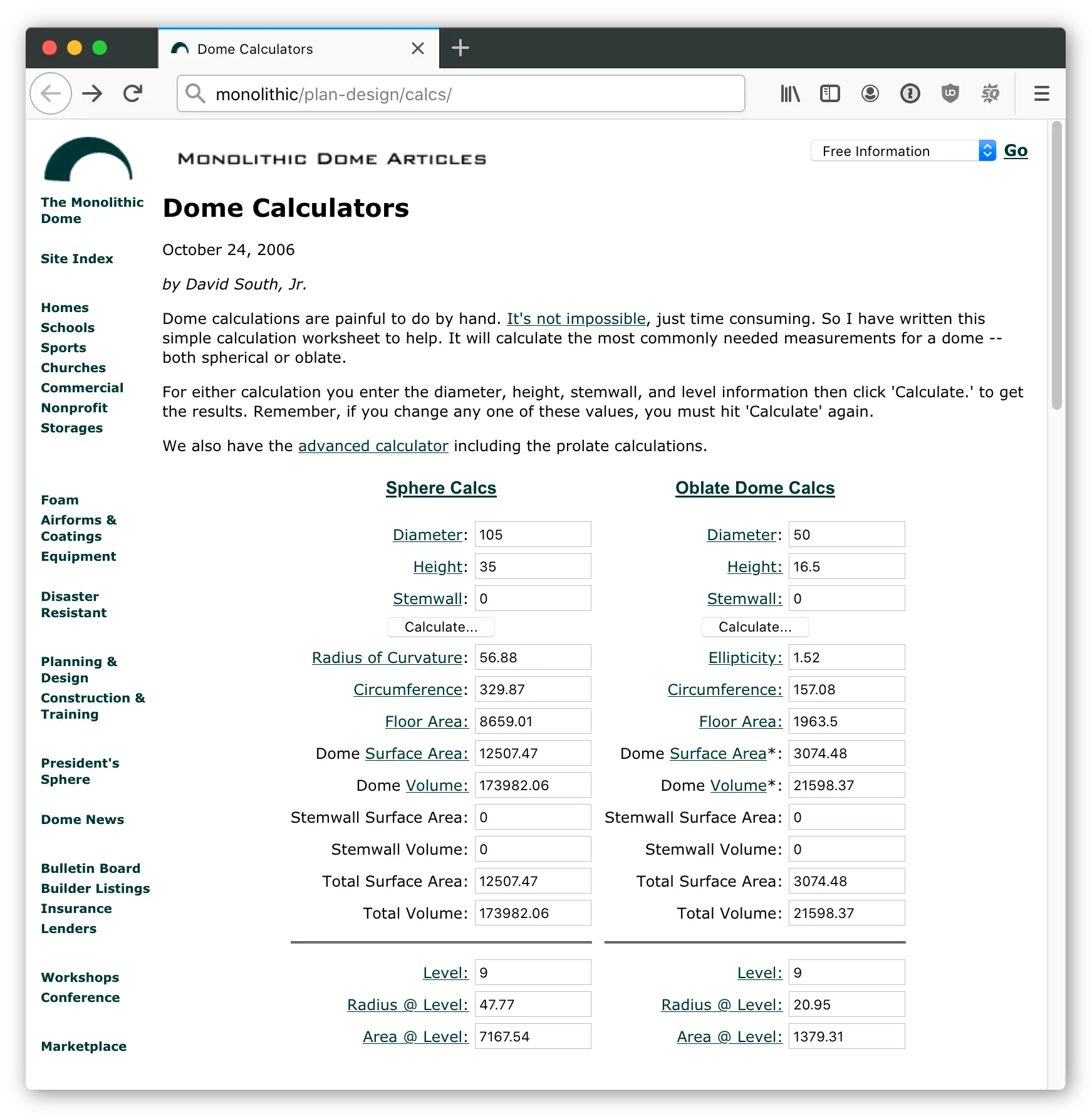 Original online dome calculators.