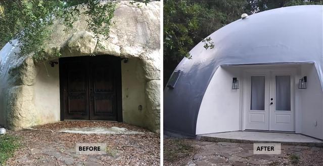Before and after images of the renovated Monolithic Dome home.