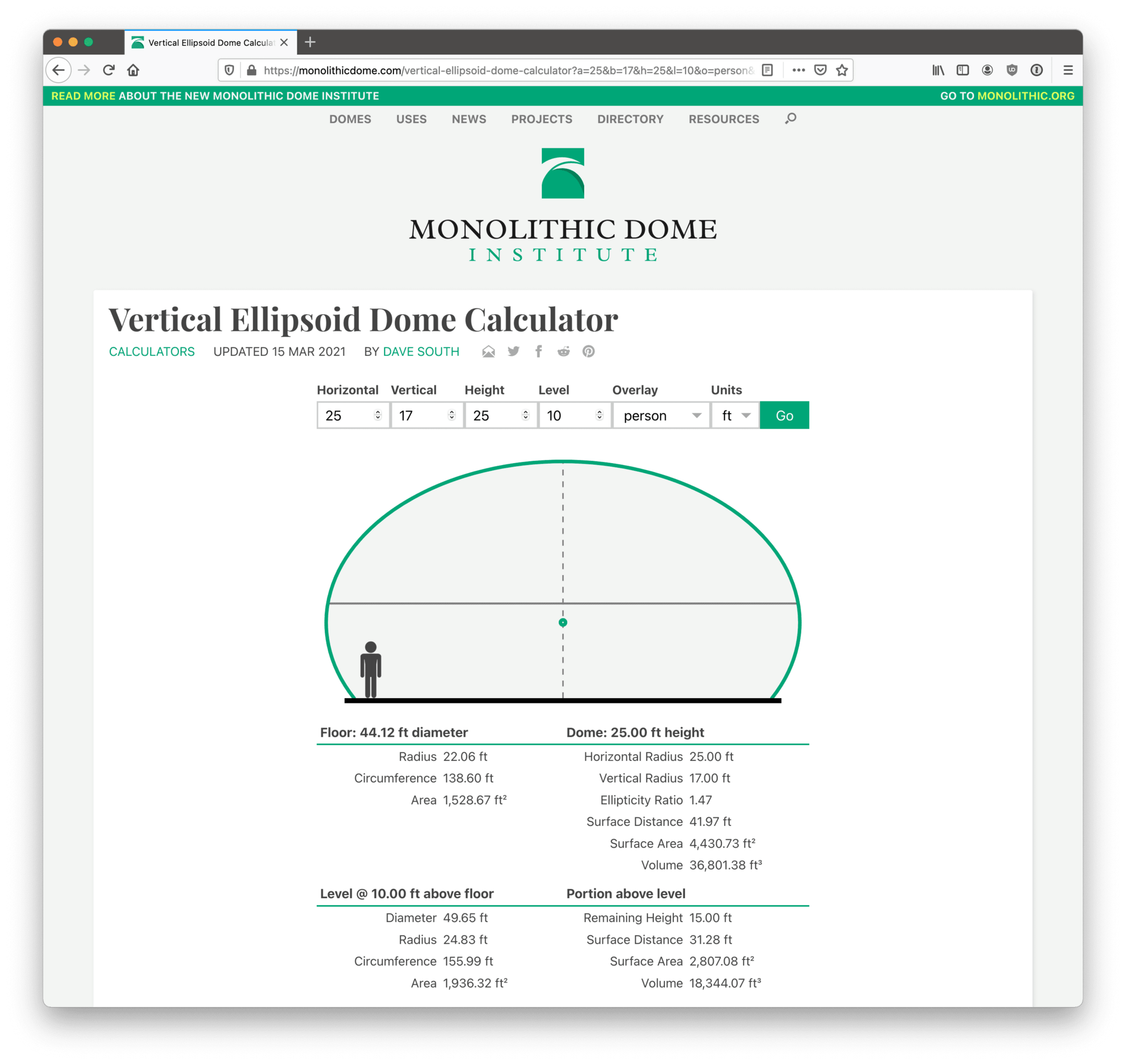 Screenshot of Vertical Ellipsoid Dome Calculator