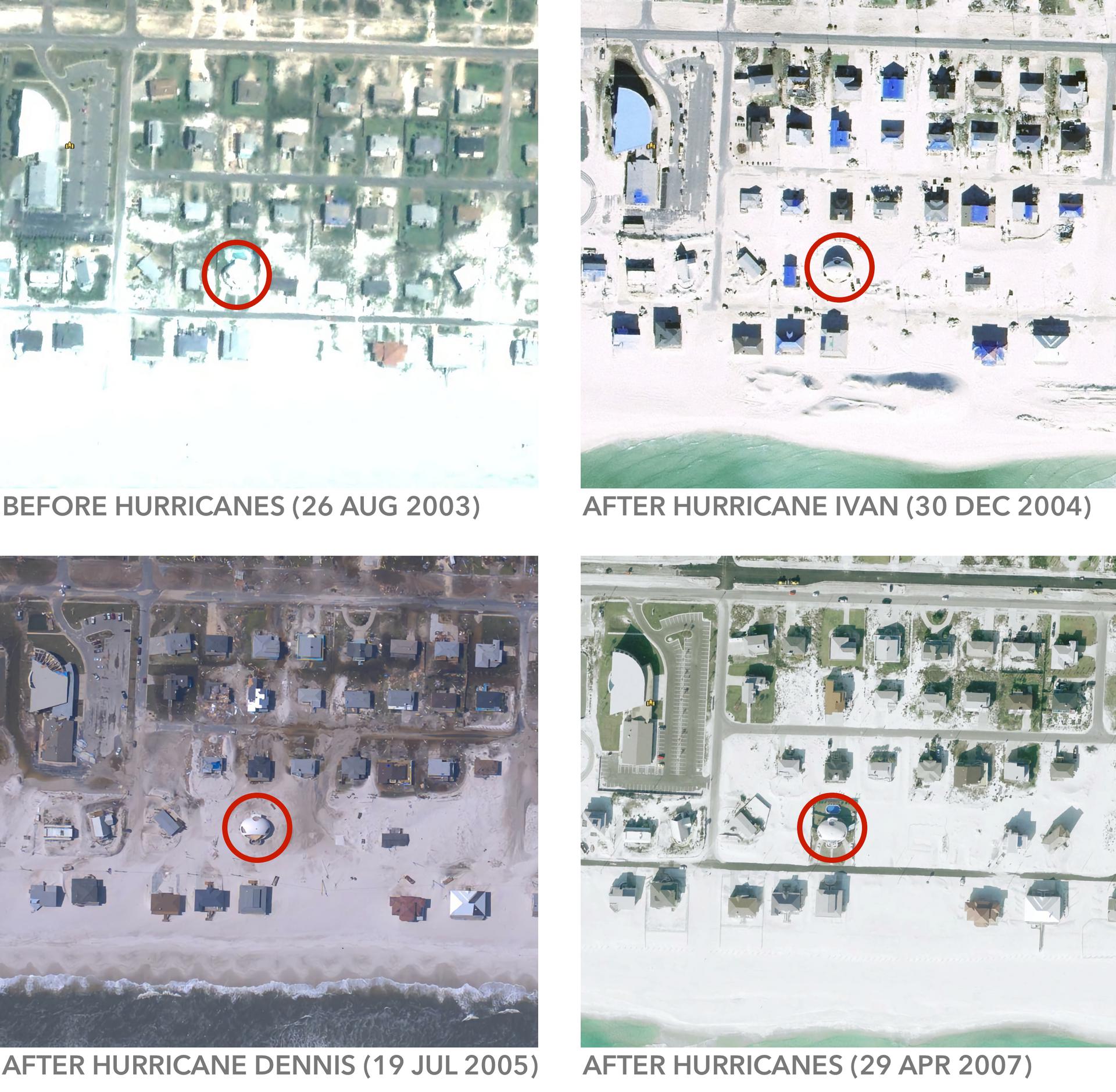 Satellite images of hurricane damage around Dome of a Home