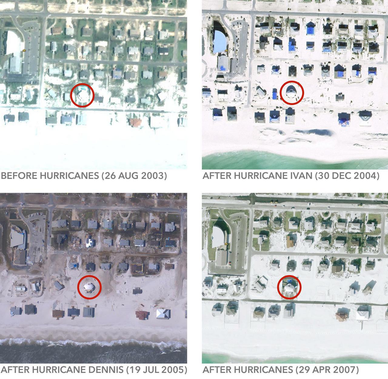 Satellite images of hurricane damage around Dome of a Home.