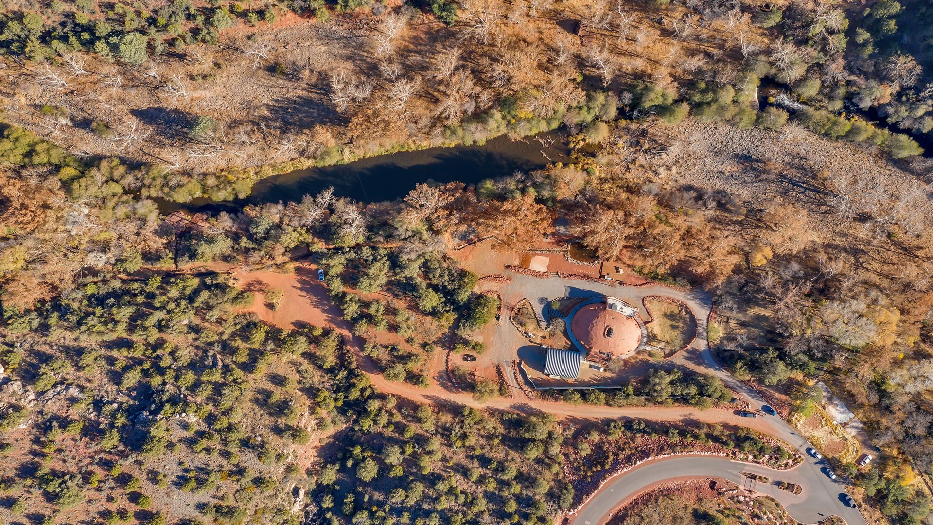 An aerial view of the Chavez Ranch Road dome home