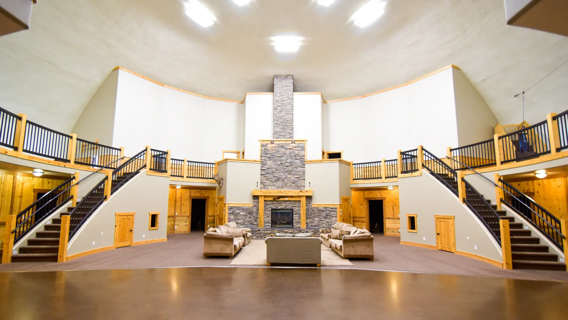 The main floor with central fireplace.