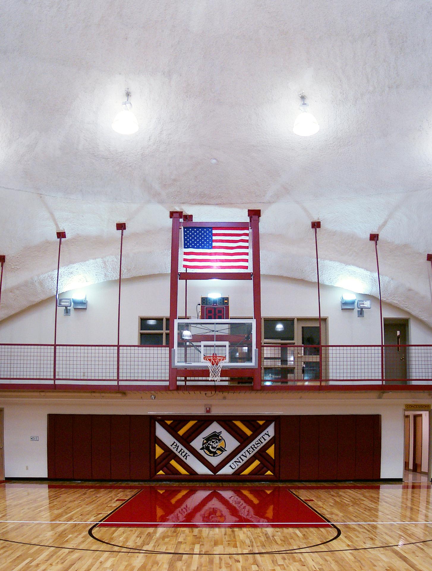 The basketball key in the performance gymnasium.