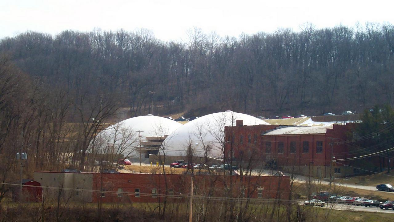 The sports center built into the hillside.