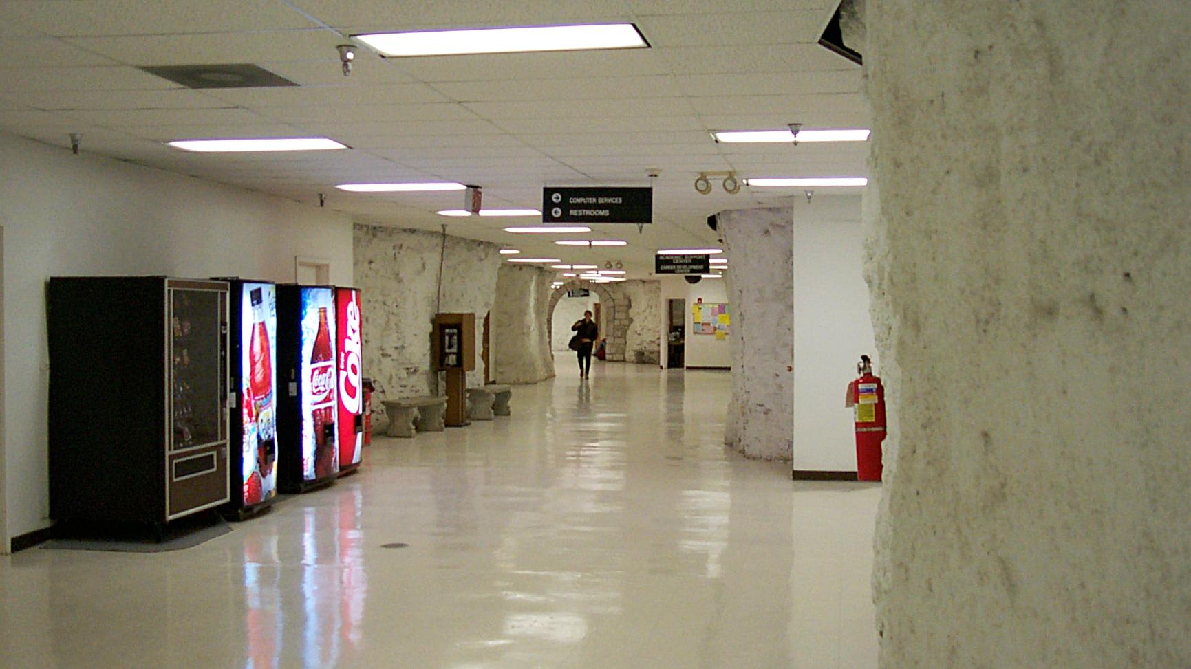 Limestone-lined hallway in the Park University's underground campus.