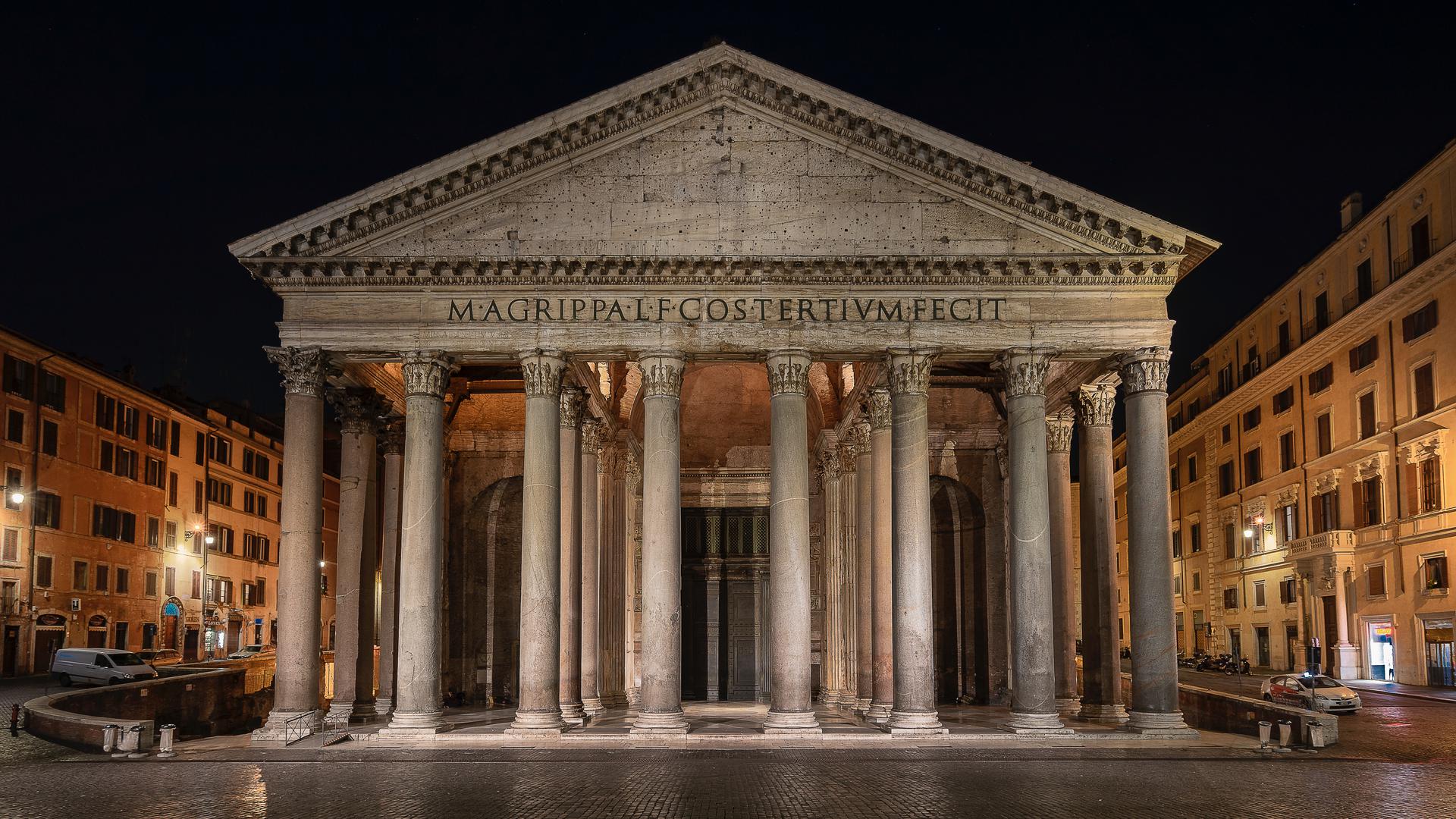 The entrance to the Pantheon in Rome, Italy.
