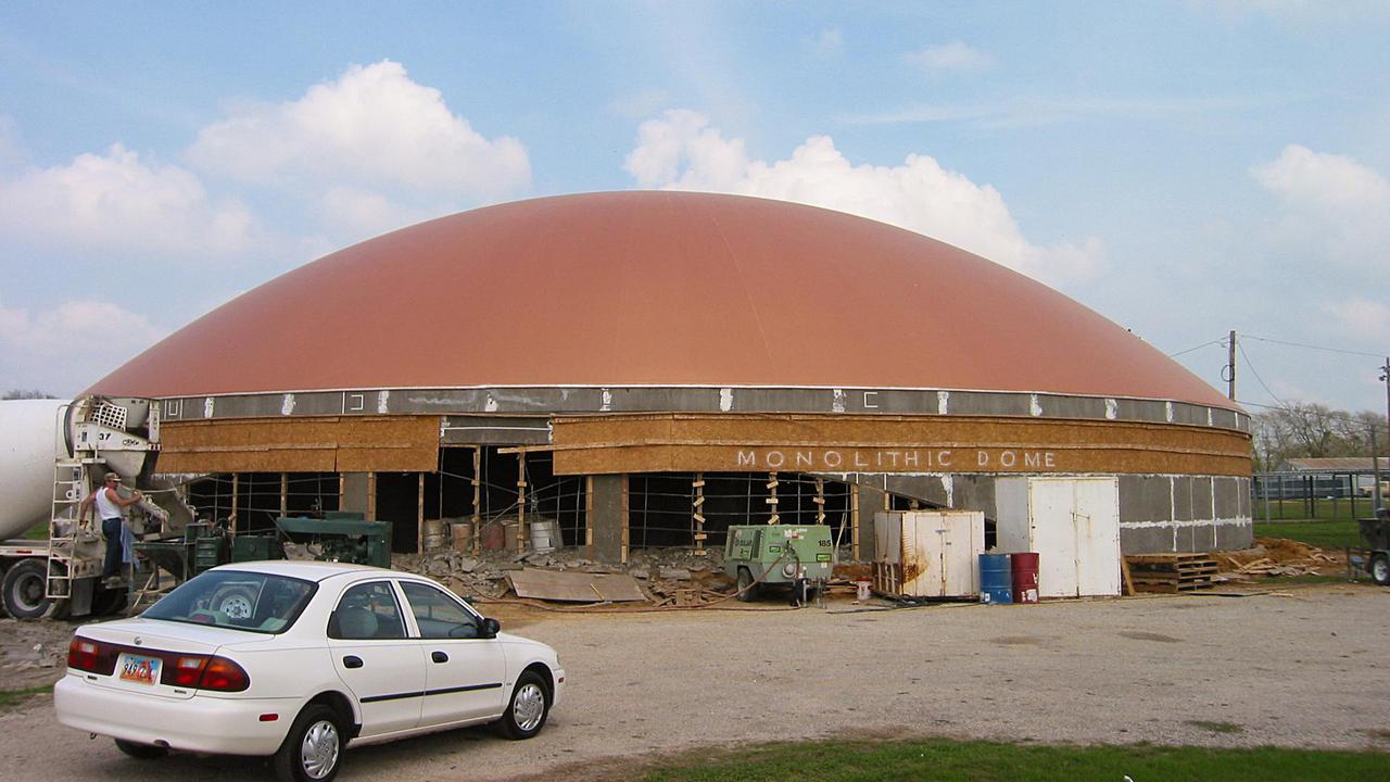 The nearly completed shell with the plywood form partially removed.