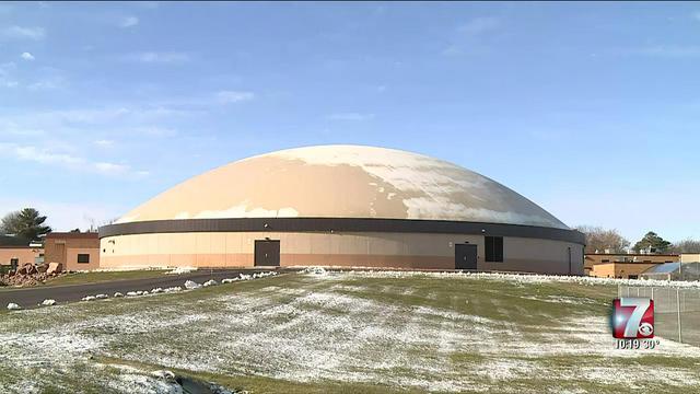 Light snow on top of the Monolithic Dome gymnasium and arts center in Spencer, Wisconsin.