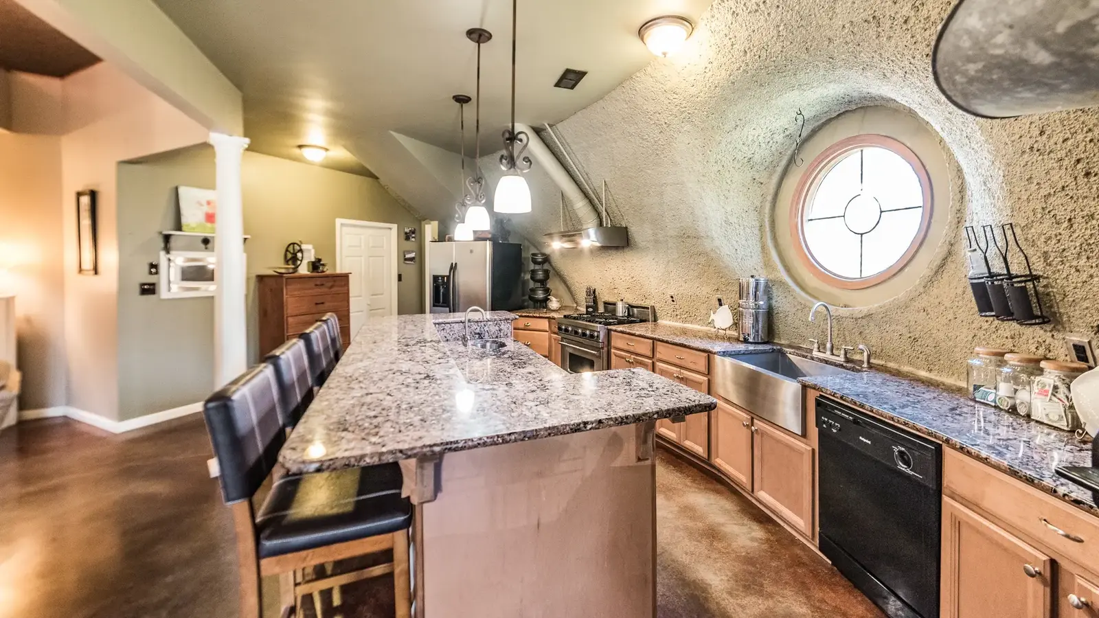 Large kitchen with portal window.