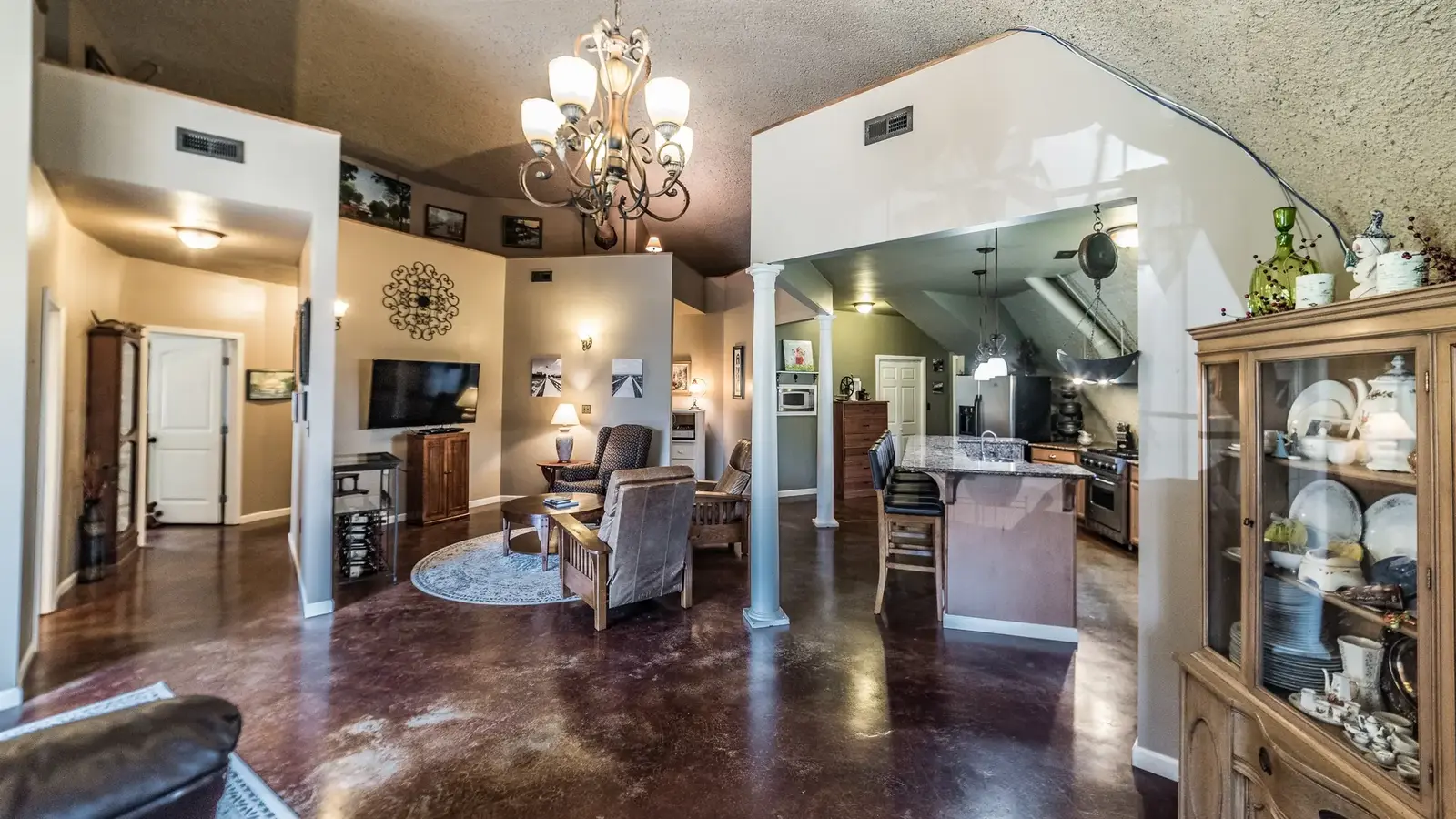 The view from the front door of the great room and kitchen.
