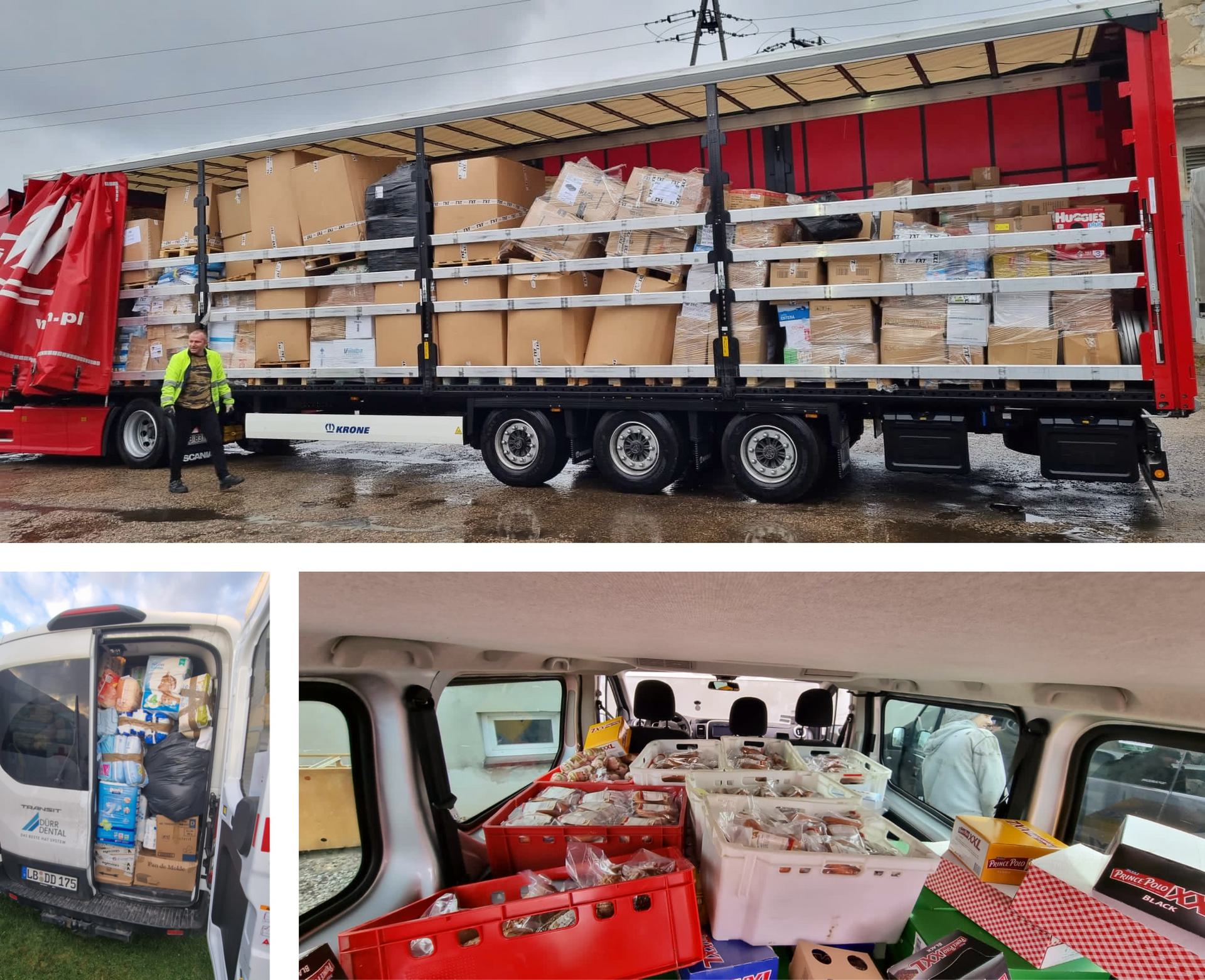 Trucks and vans full of humanitarian aid for Ukraine.
