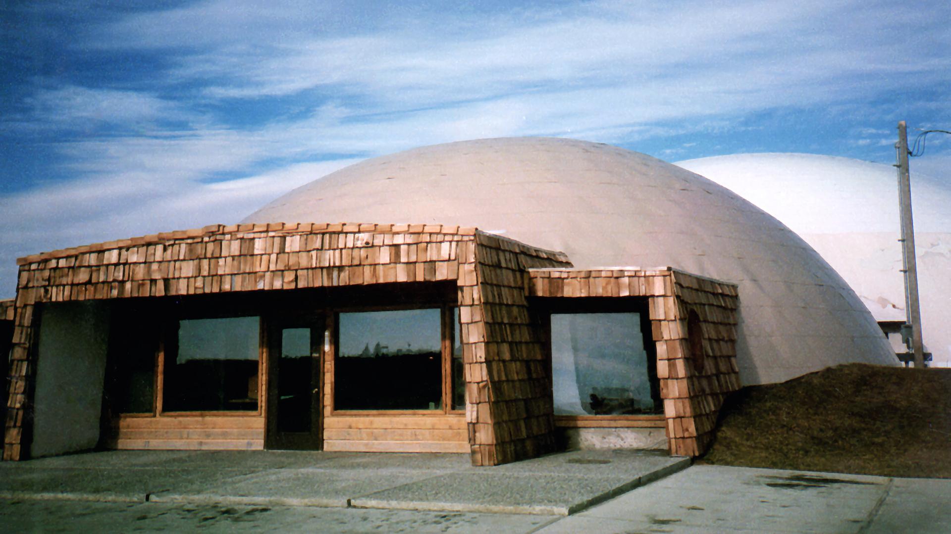 The metal clad Monolithic Dome office in Idaho Falls, Idaho.