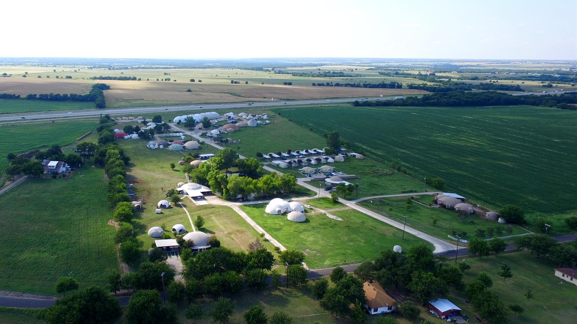 Aerial view of the Monolithic Dome Research Park.