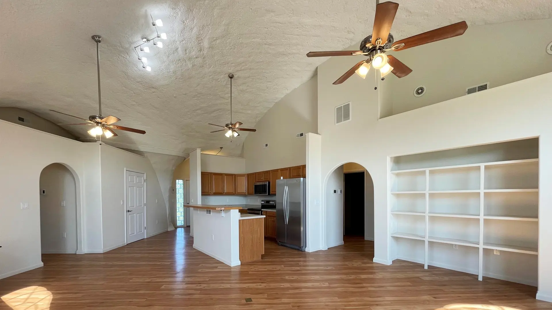 Large storage shelves in the living room.