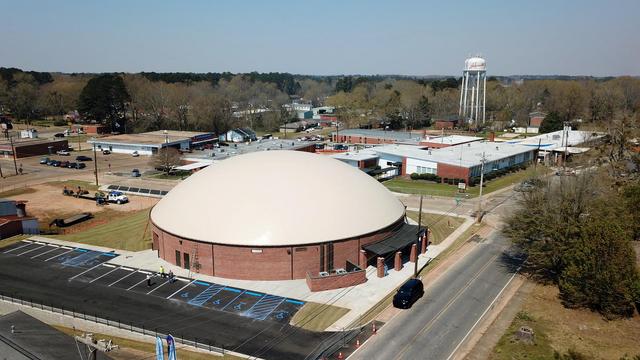 Aerial view of the Louisville Community Safe Room in Louisville, Mississippi.