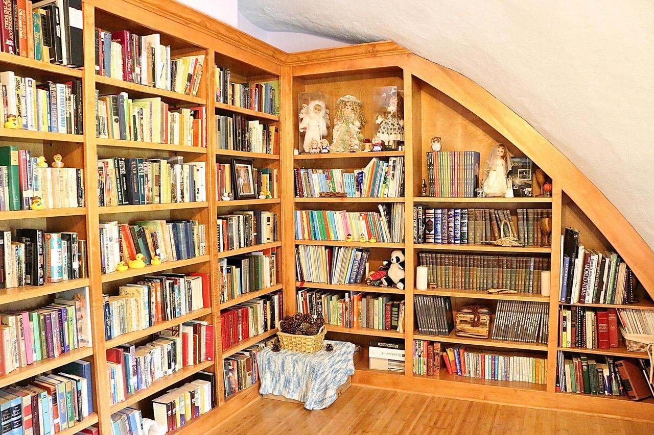 Bookshelves curved against the dome wall.
