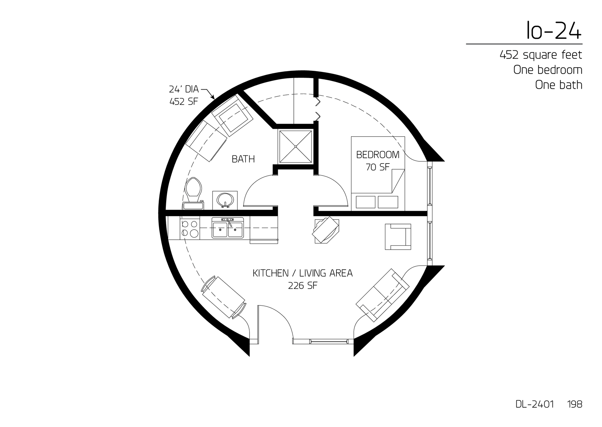 Io-24: A 24' Diameter, 452 SF, One-bedroom, One-Bath Floor Plan.