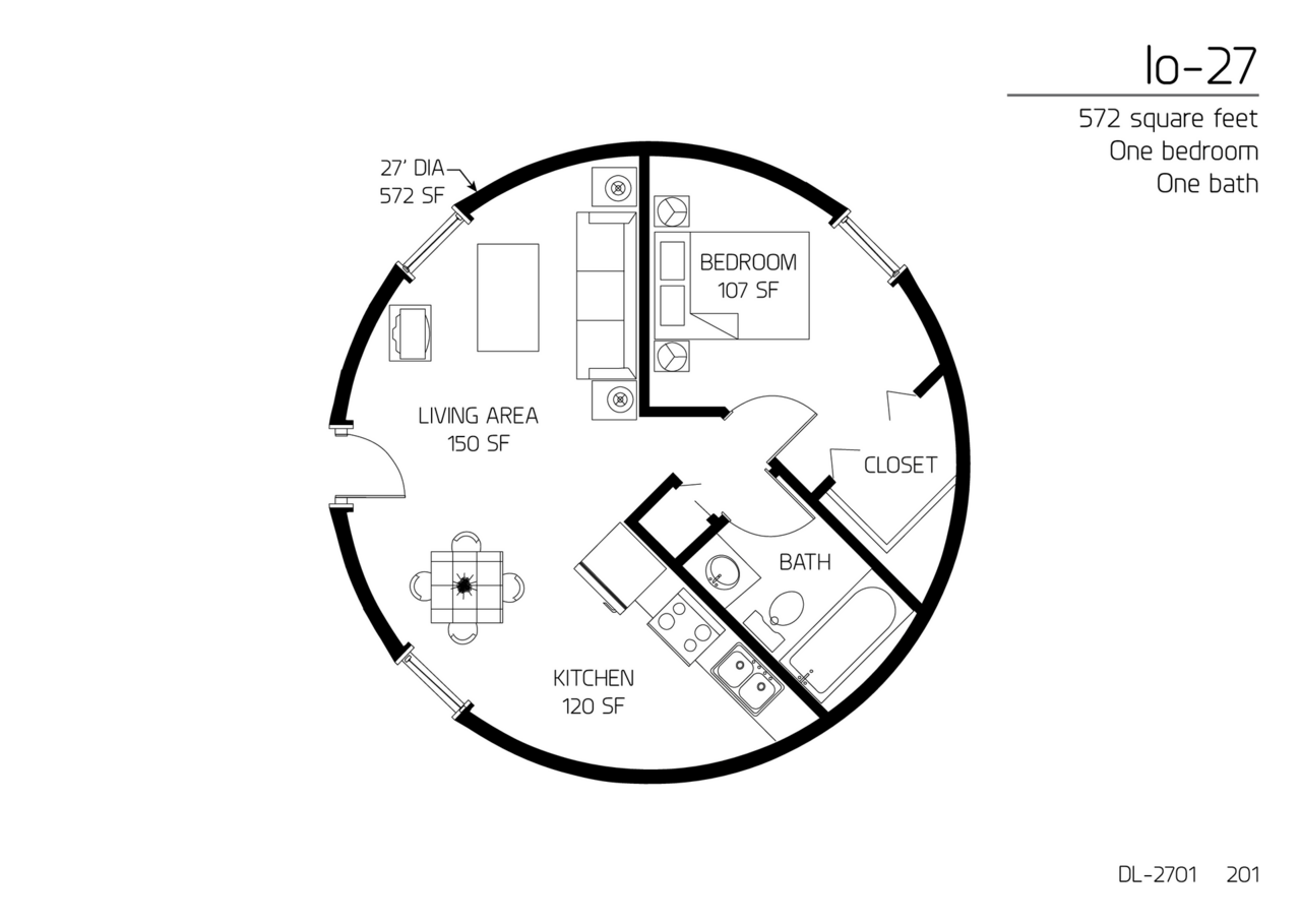 Io-27: A 27' Diameter, 572 SF, One-bedroom, One-Bath Floor Plan.
