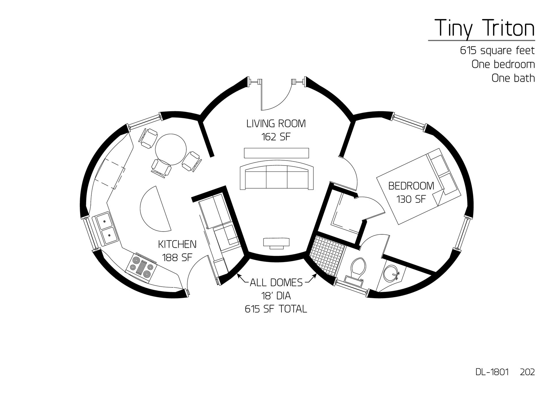 Tiny Triton: Three 18' Diameter Interconnected Domes, 615 SF, One-bedroom, One-Bath Floor Plan.