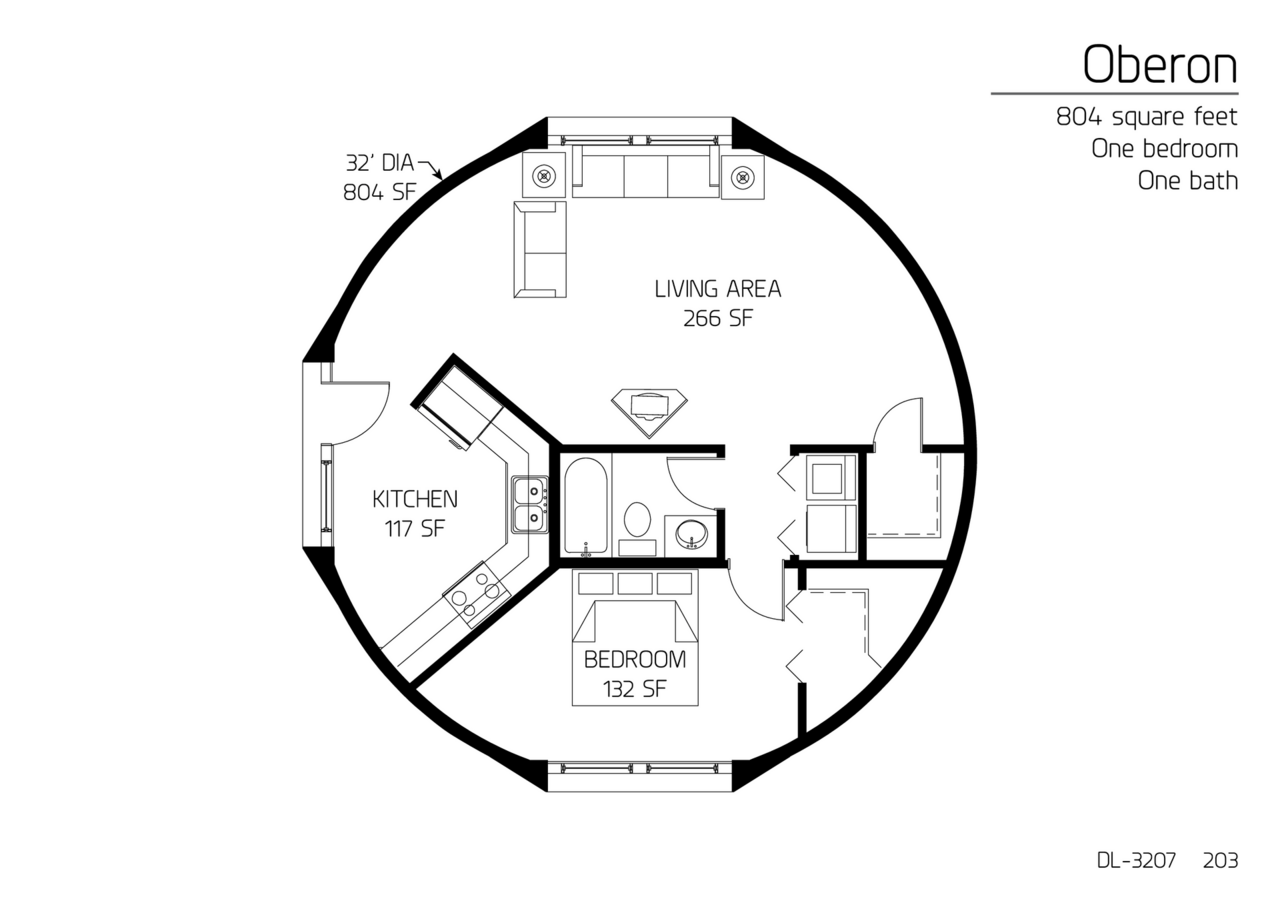 Oberon: A 32' Diameter, 804 SF, One-bedroom, One-Bath Floor Plan.