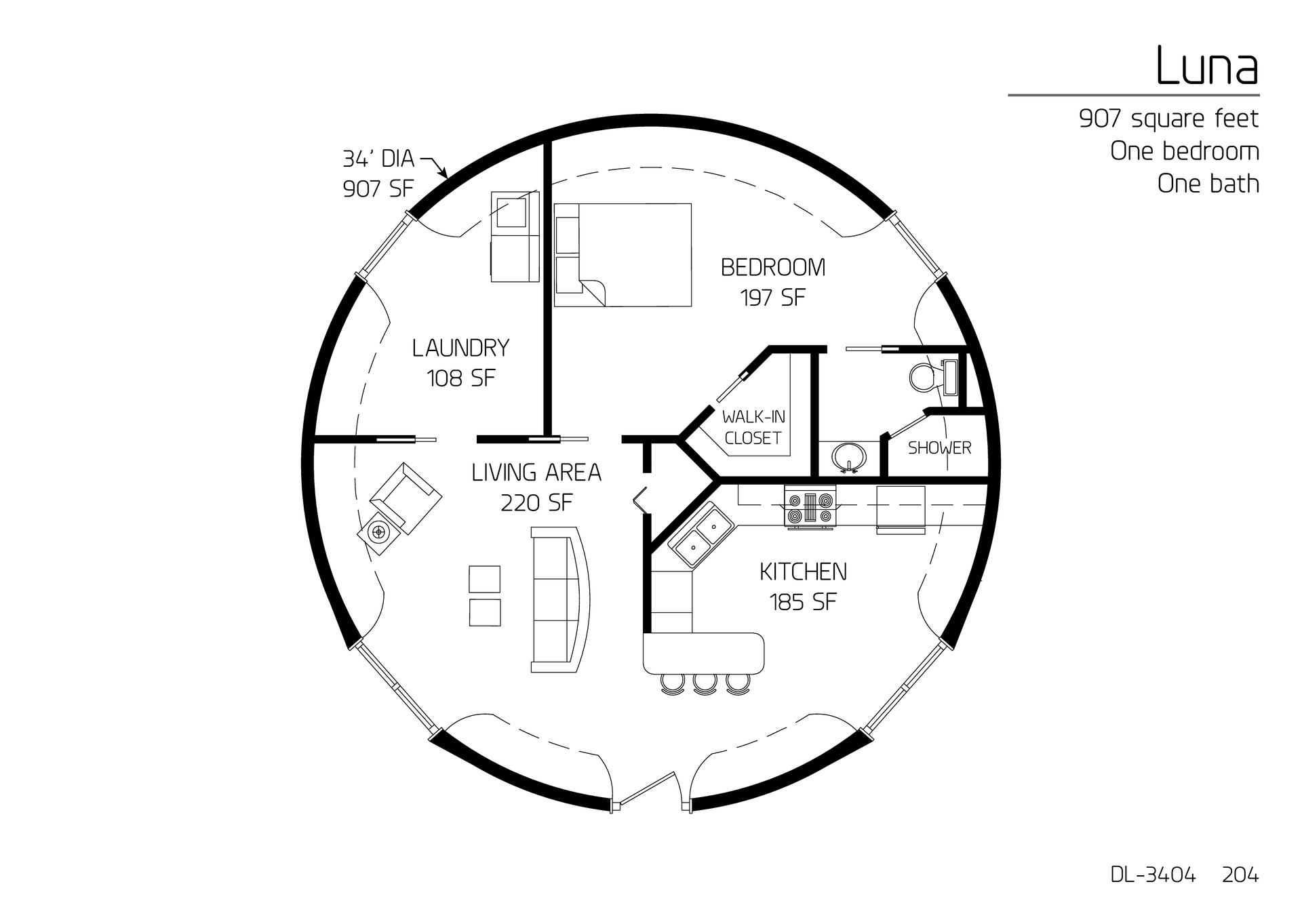 Luna: A 34' Diameter, 907 SF, One-bedroom, One-Bath Floor Plan.