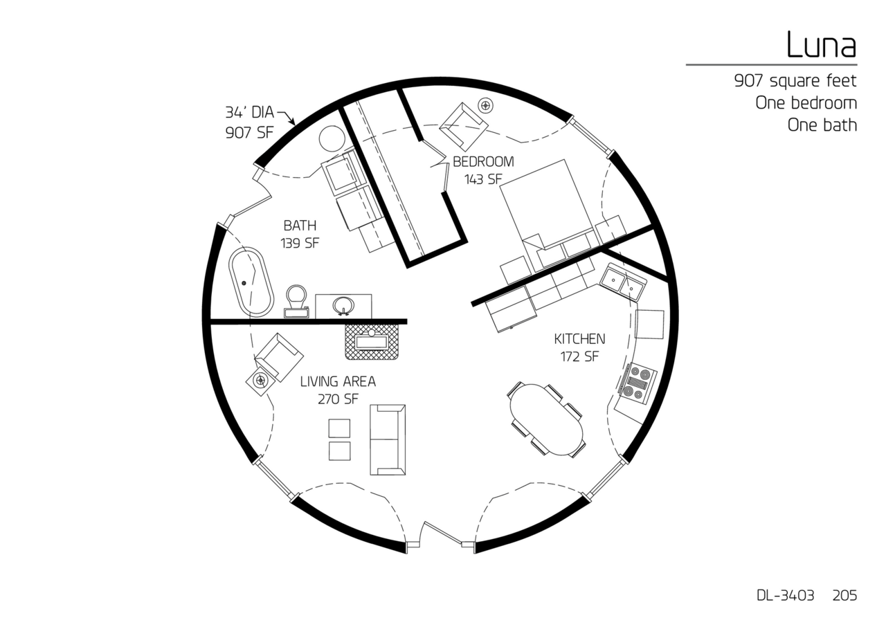 Luna: A 34' Diameter, 907 SF, One-bedroom, One-Bath Floor Plan.