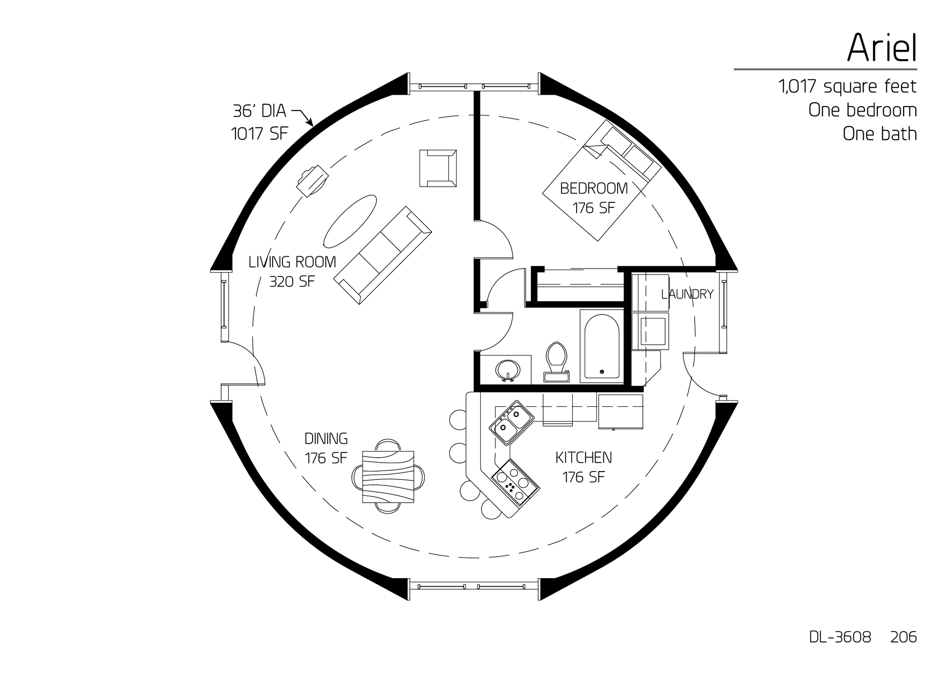 Ariel: A 36' Diameter, 1017 SF, One-bedroom, One-Bath Floor Plan.