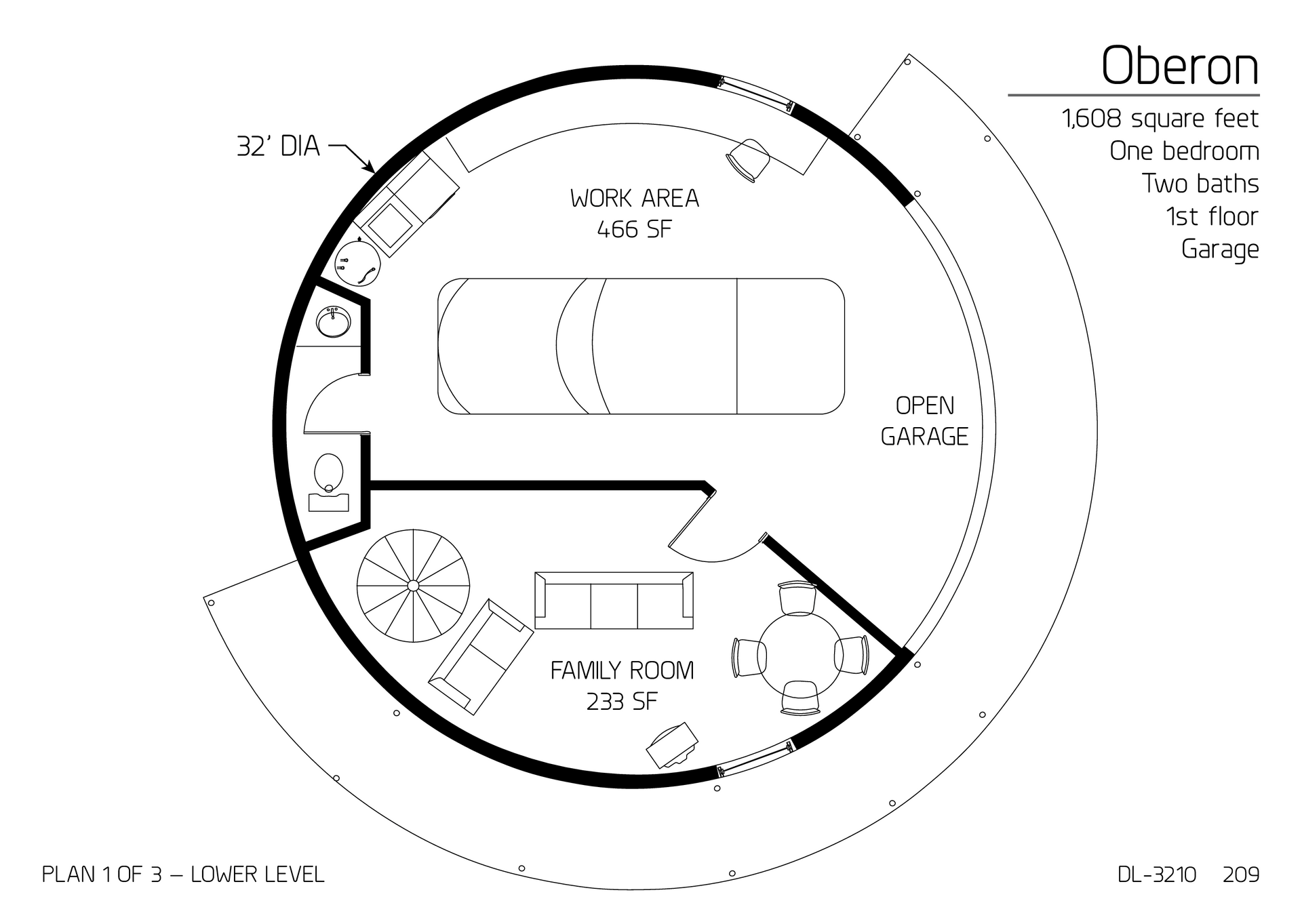 Oberon: Lower Floor of a Two-Level, 32' Diameter, 1,608 SF, One-bedroom, One-Bath Floor Plan.
