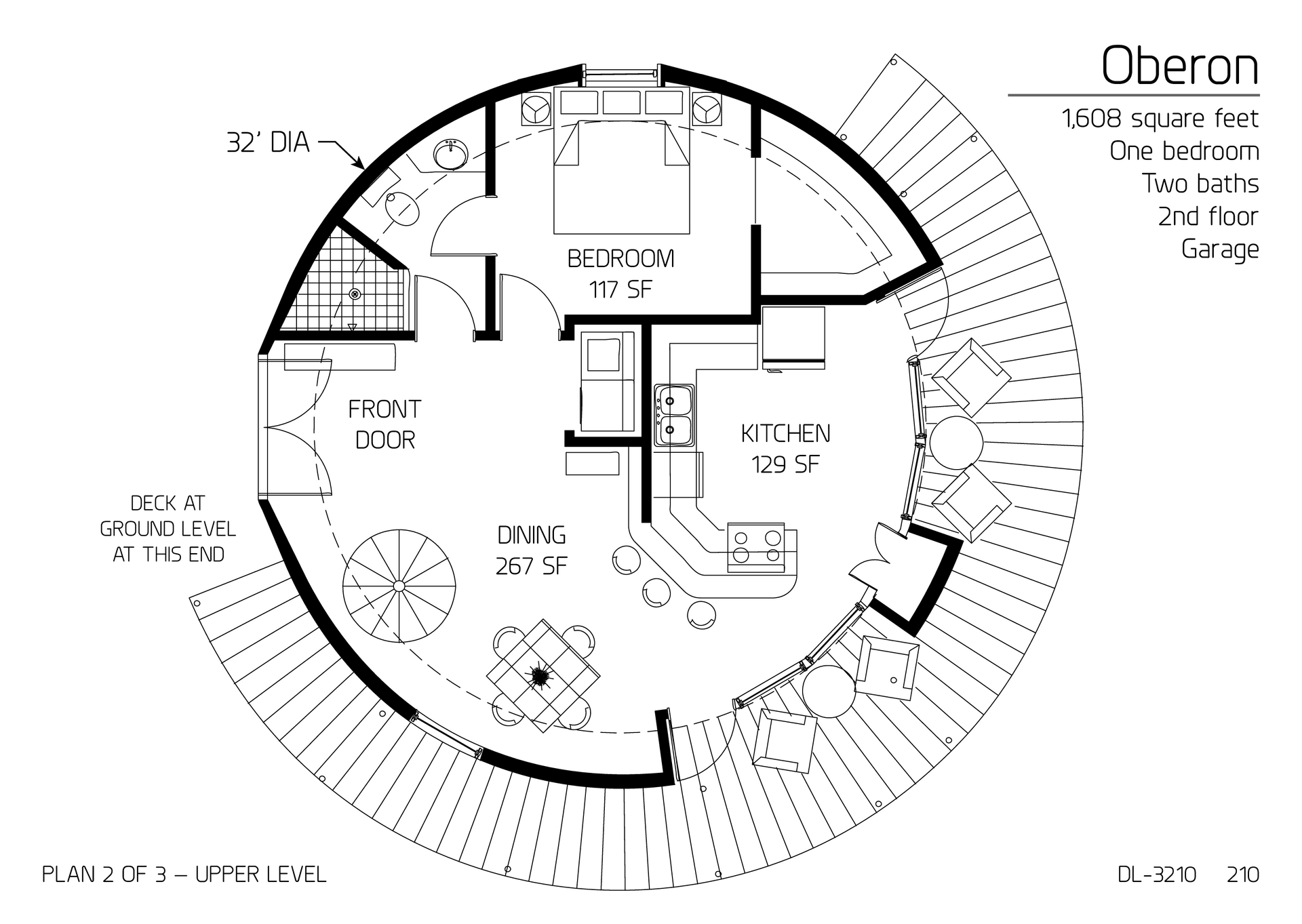 Oberon: The Main Floor of a Two-level, 32' Diameter, 1,608 SF, One-bedroom, One and a Half-Bath Floor Plan.