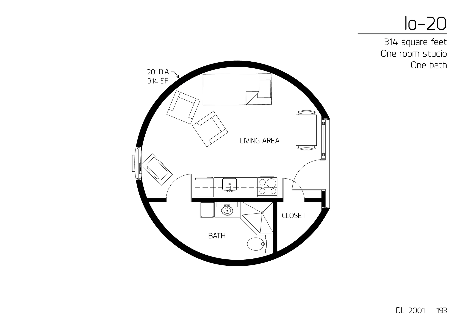 Io-20: 20' Diameter, 314 SF, Studio, One Bath Floor Plan.