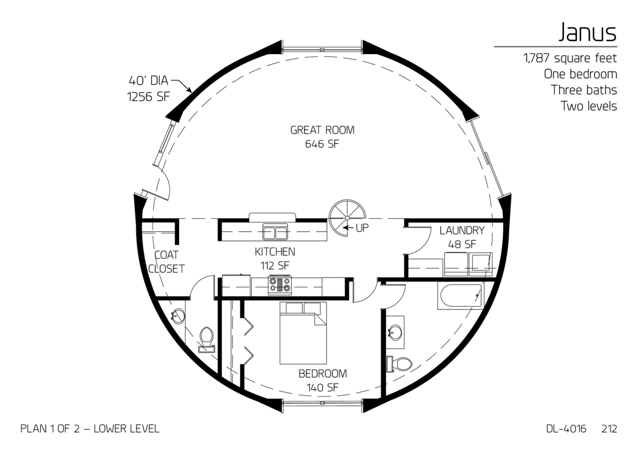 Janus: Main floor of a 40' Diameter, 1,787 SF, One-bedroom, Two and a Half-Bath Floor Plan.