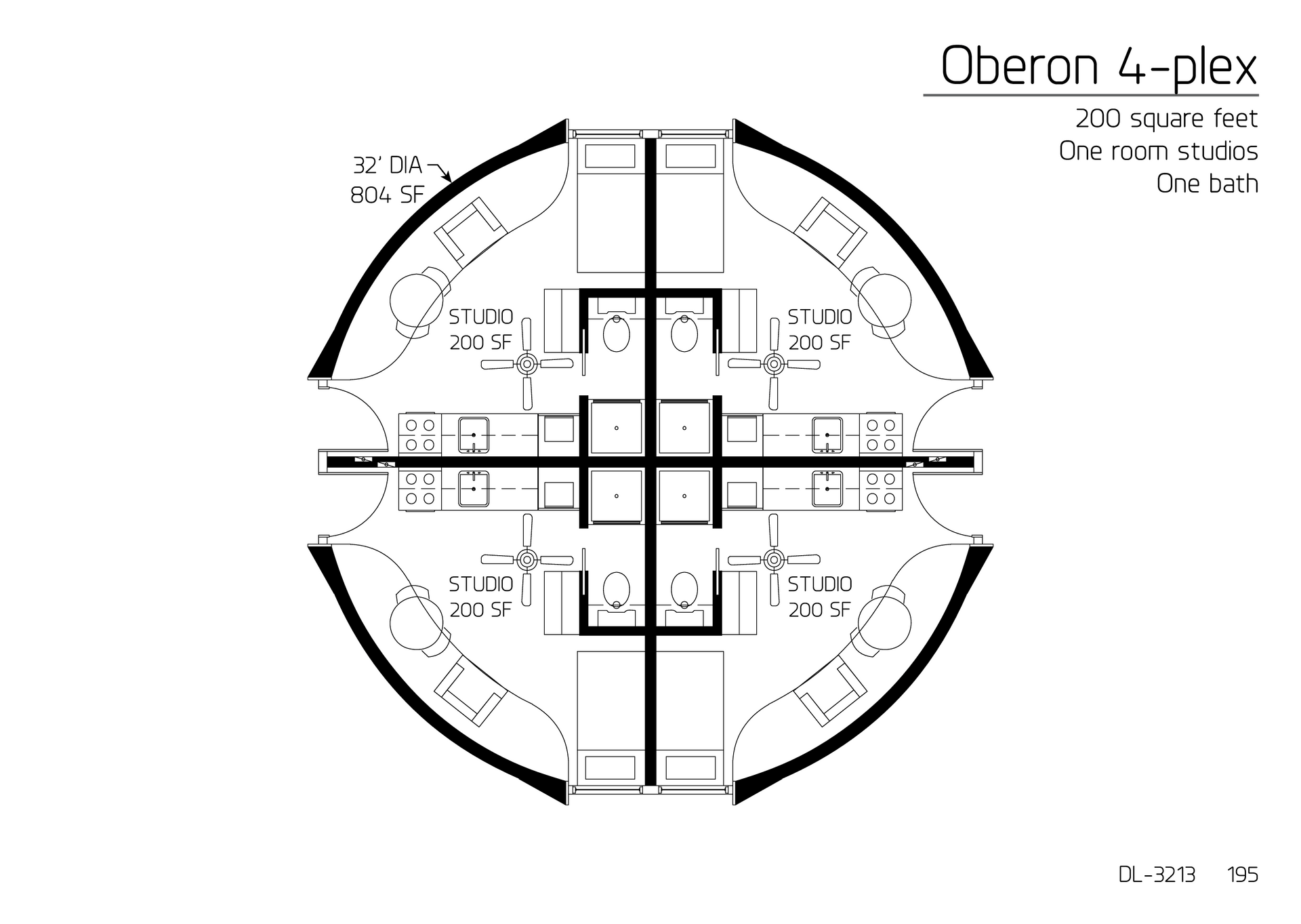 Oberon Four-Plex: 32' Diameter, 800 SF, Four Studios Floor Plan.