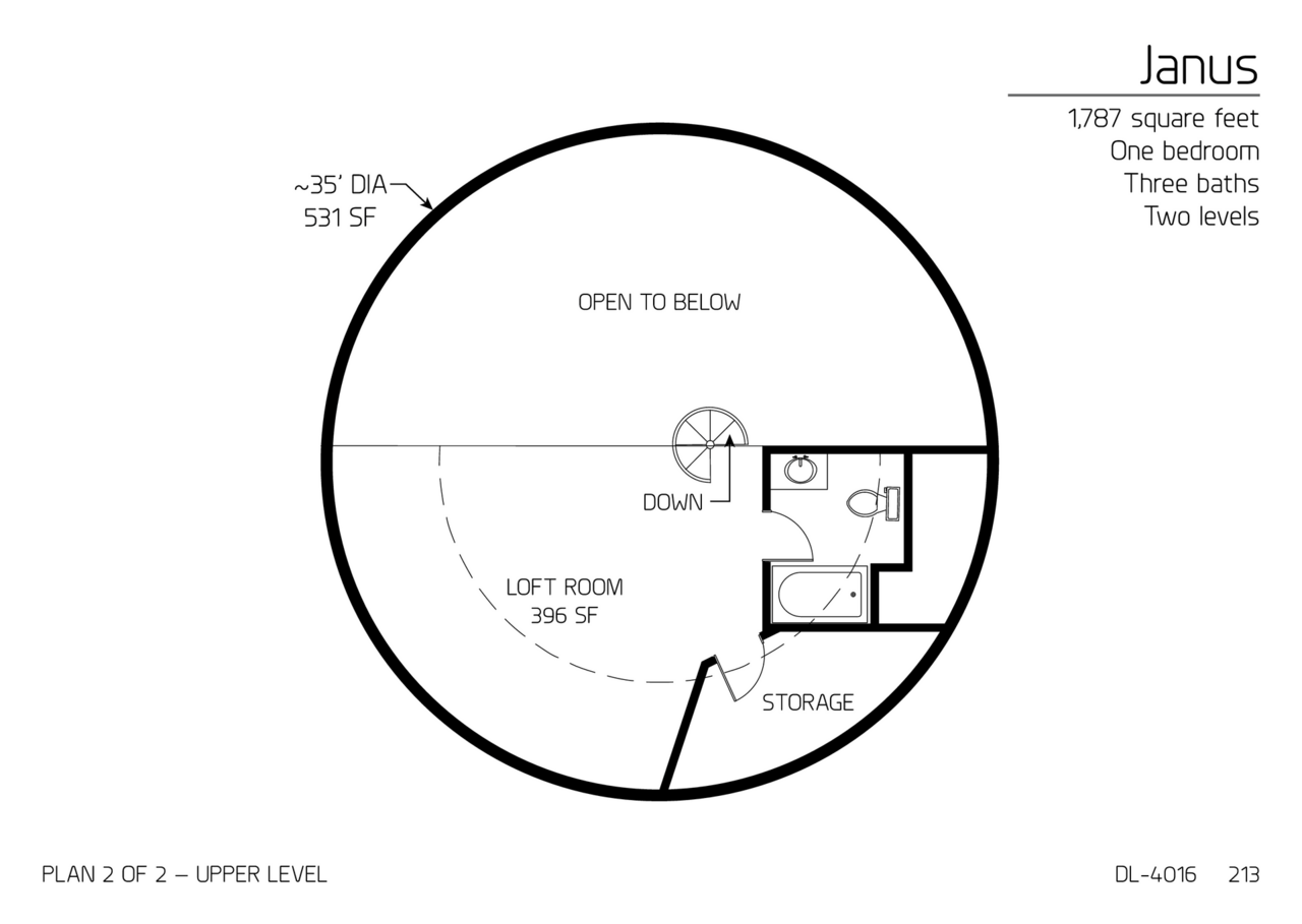 Janus: Upper Floor of a 40' Diameter, 1,787 SF, One-bedroom, Two and a Half-Bath Floor Plan.