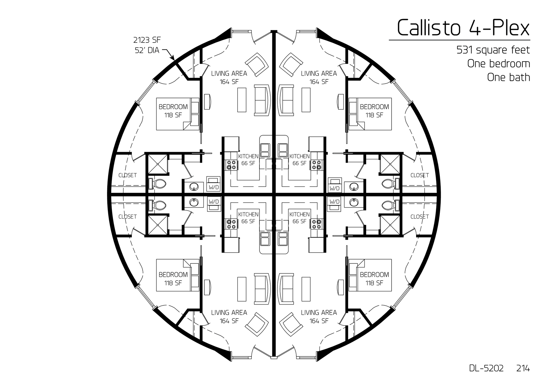 Callisto: A 52' Diameter, 2123 SF Four-Plex of One-Bedroom, One-Bath Apartments Floor Plan.