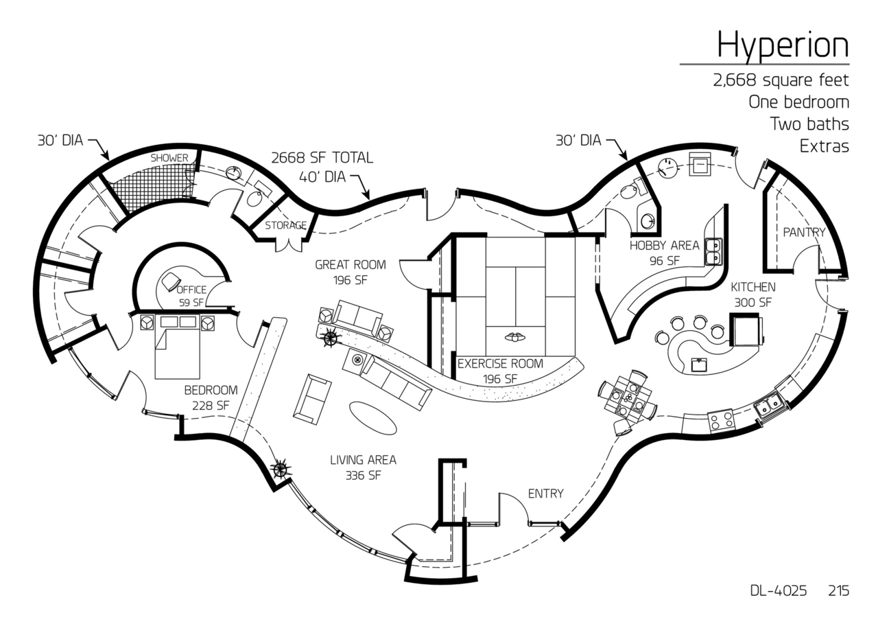 Hyperion: A 30', 40' and 30' Diameter Domed, 2,668 SF, One-Bedroom, One and a Half-Bath Floor Plan.