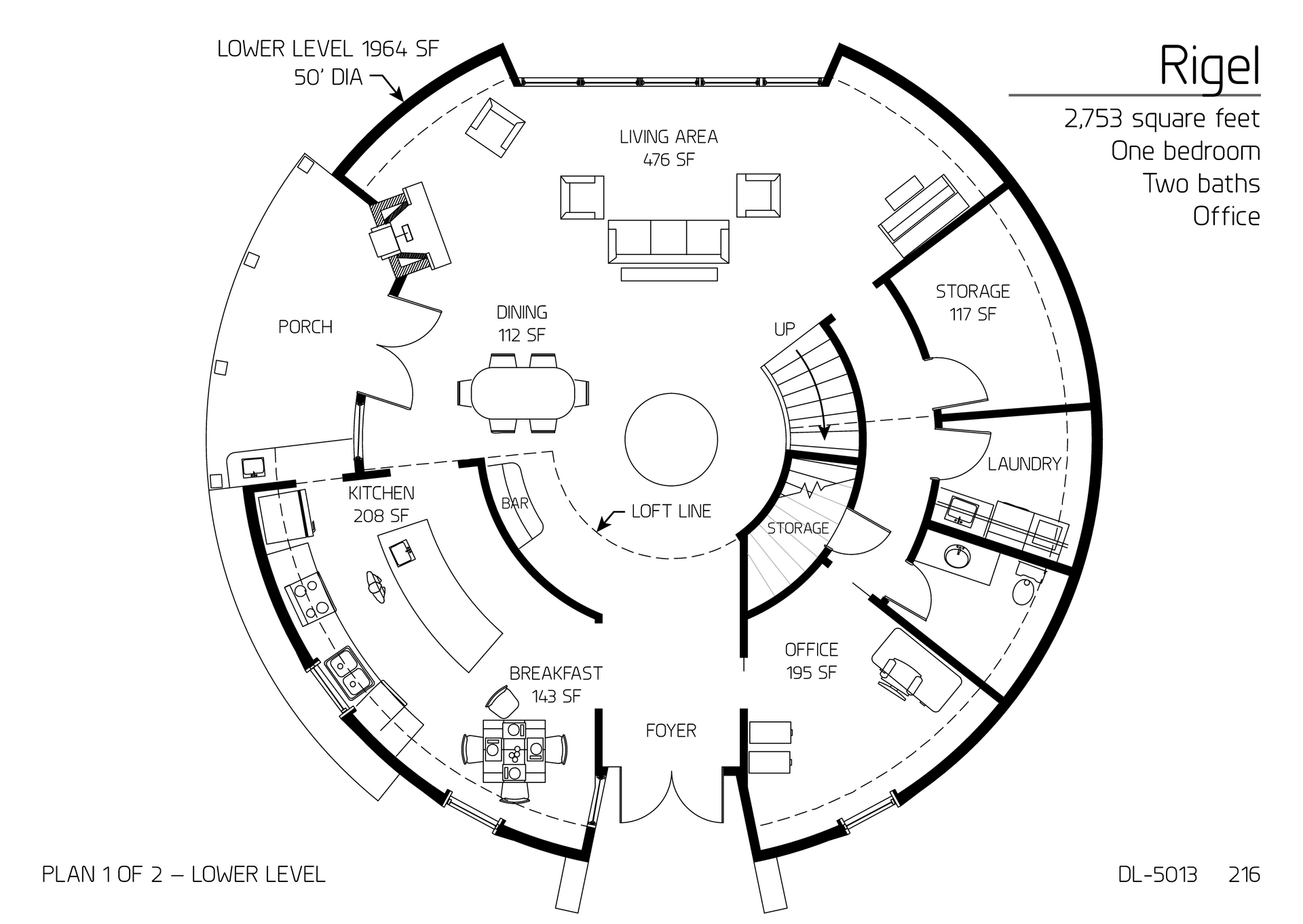 Rigel: The Main Floor of a 50' Diameter, 2,753 SF, One-bedroom, One and a Half-Bath Floor Plan.