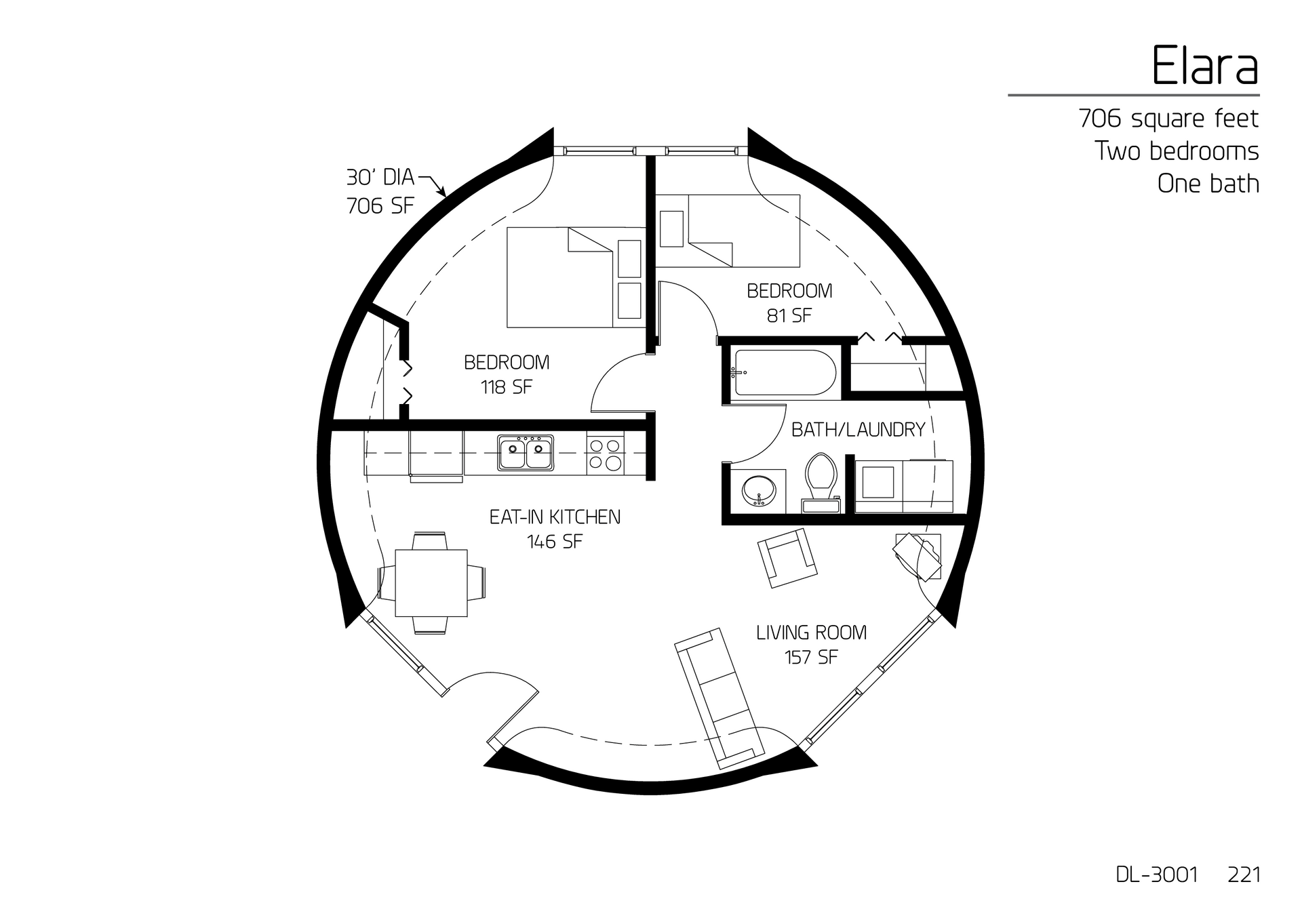 Elara: A 30' Diameter, 706 SF,  Two-Bedroom, One-Bath Floor Plan.