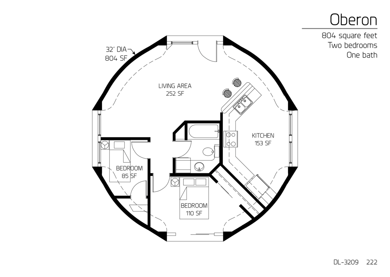 Oberon: A 32' Diameter, 804 SF, Two-Bedroom, One-Bath Floor Plan.