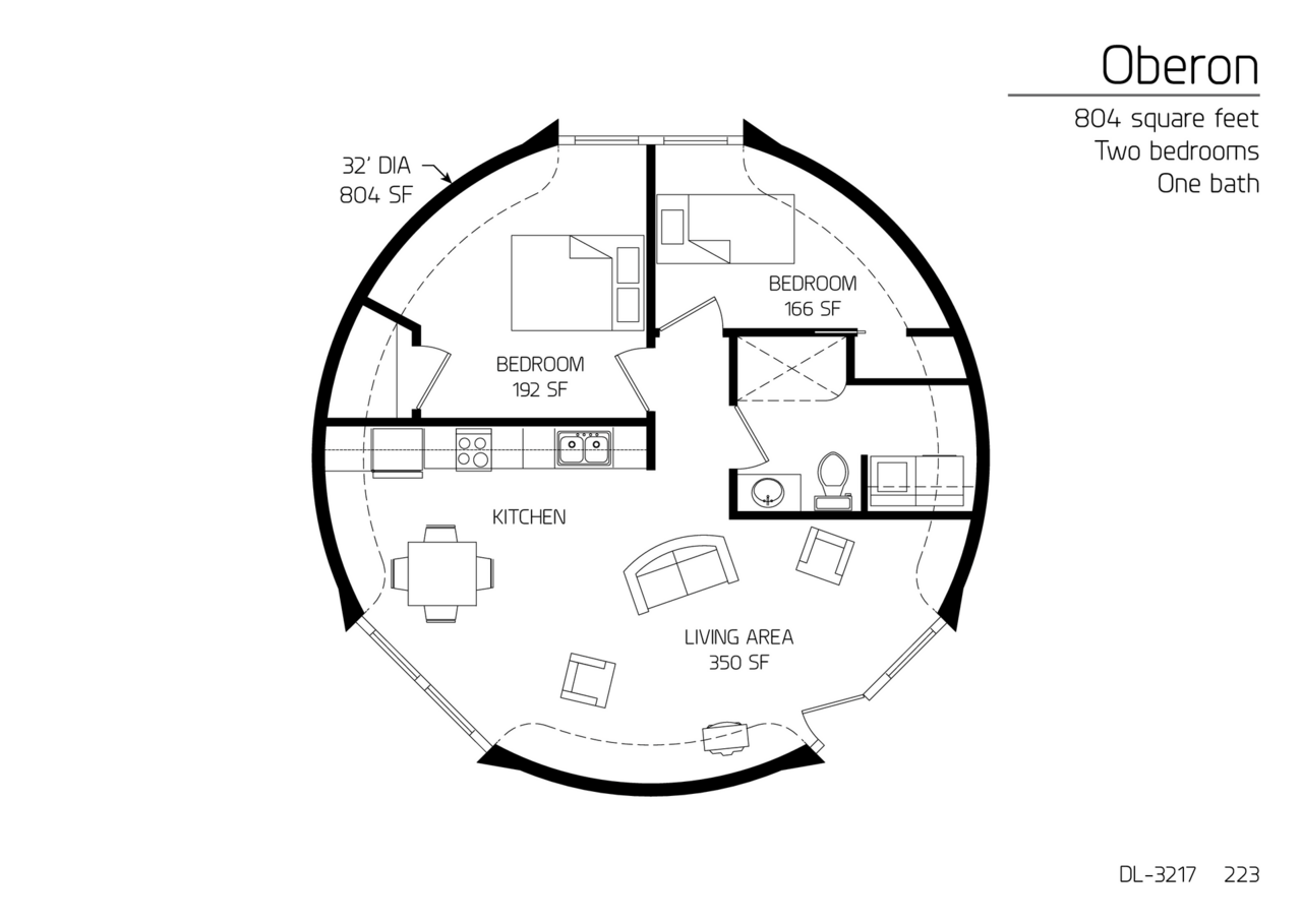 Oberon: A 32' Diameter, 804 SF,  Two-Bedroom, One-Bath Floor Plan.