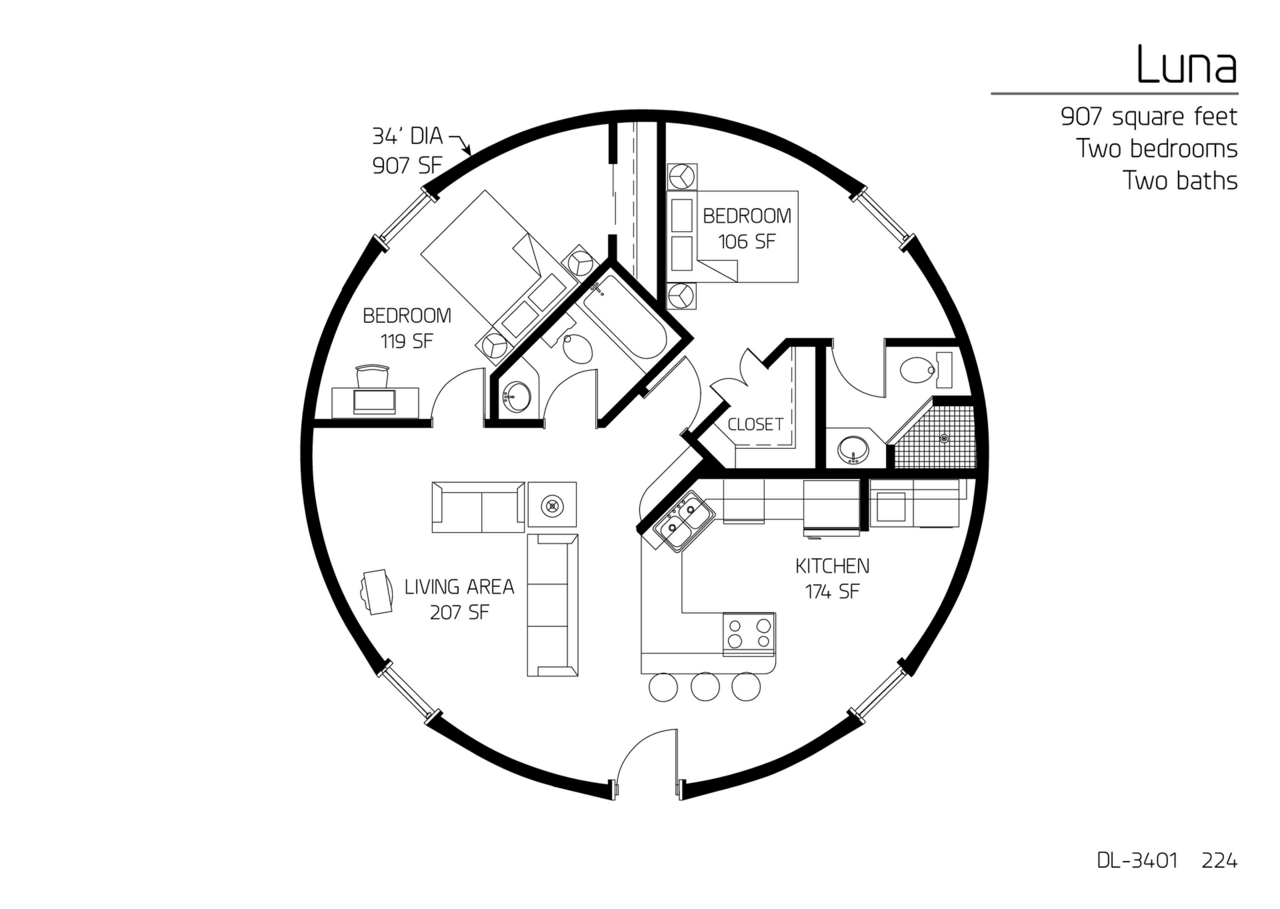 Luna: A 34' Diameter, 907 SF,  Two-Bedroom, Two-Bath Floor Plan.