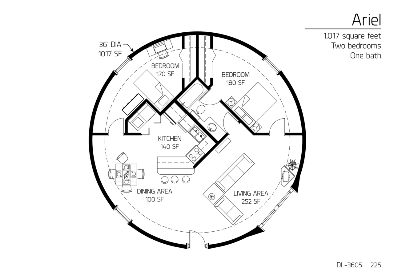 Ariel: A 36' Diameter, 1,017 SF,  Two-Bedroom, One-Bath Floor Plan.
