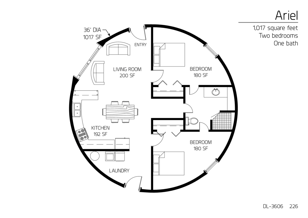 Ariel: A 36' Diameter, 1,1017 SF,  Two-Bedroom, One-Bath Floor Plan.