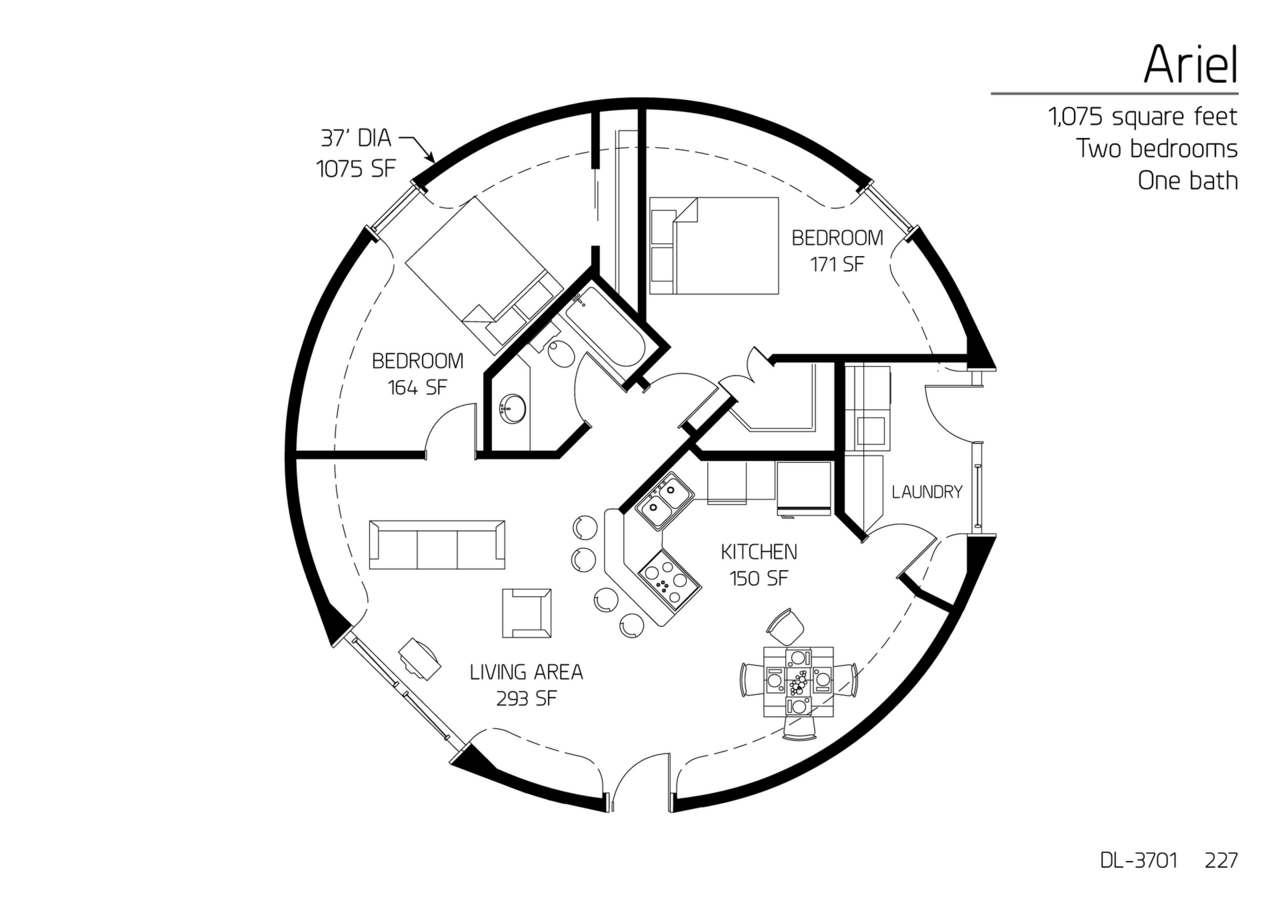 Ariel: A 37' Diameter, 1,075 SF,  Two-Bedroom, One-Bath Floor Plan.