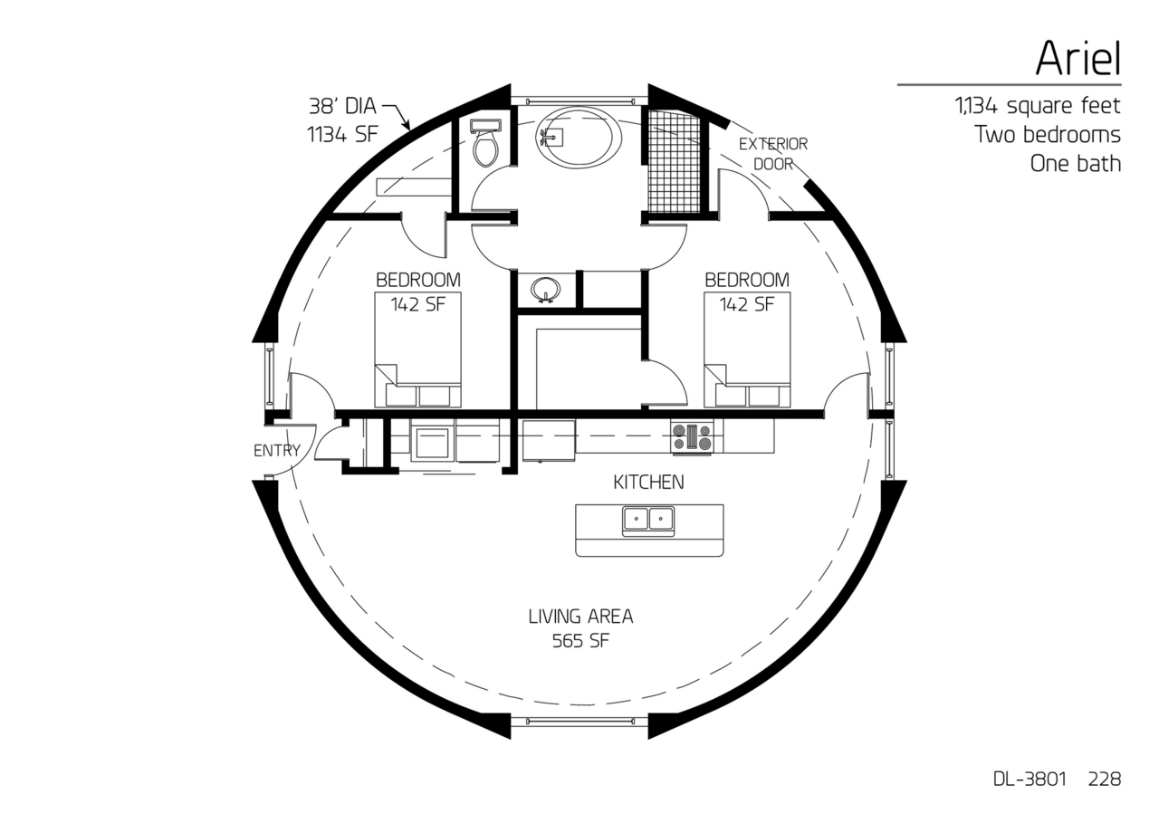 Ariel: A 38' Diameter, 1,134 SF,  Two-Bedroom, One-Bath Floor Plan.