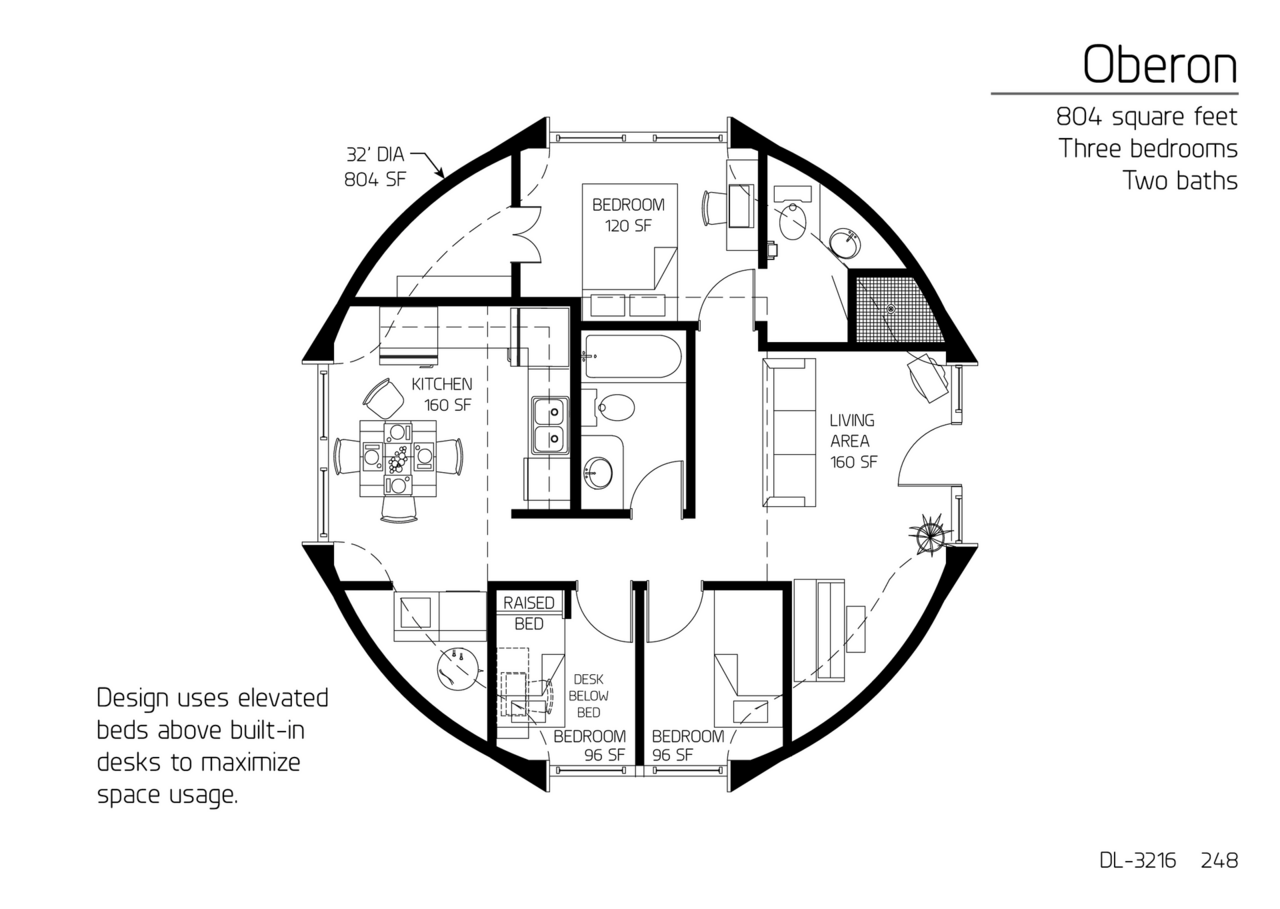 Oberon: 32' Diameter, 804 SF, Three-Bedroom, Two-Bath Floor Plan.